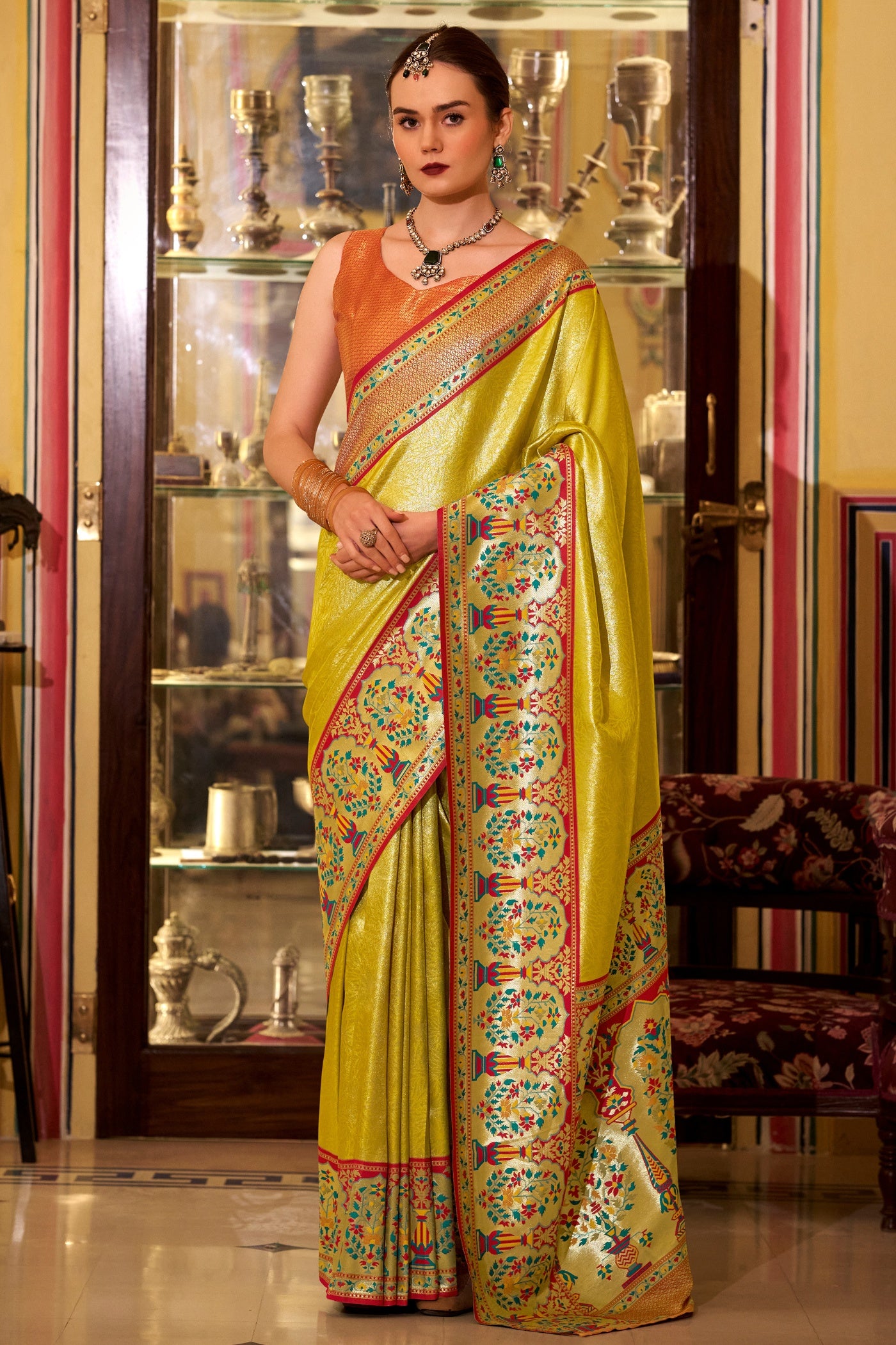 Buy MySilkLove Marigold Yellow Woven Tissue Silk Saree Online