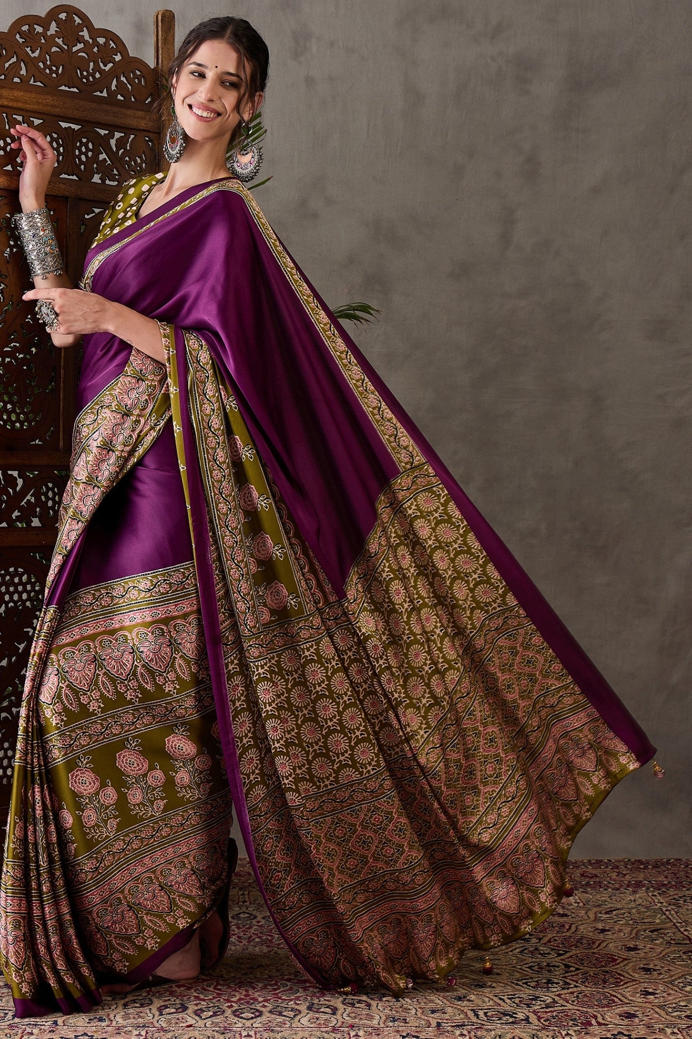 Buy MySilkLove Berry Purple Printed Satin Gaji Silk Saree Online