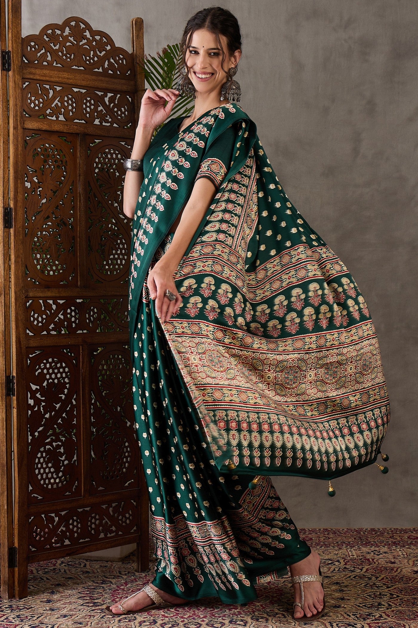 Buy MySilkLove Hunter Green Printed Satin Gaji Silk Saree Online