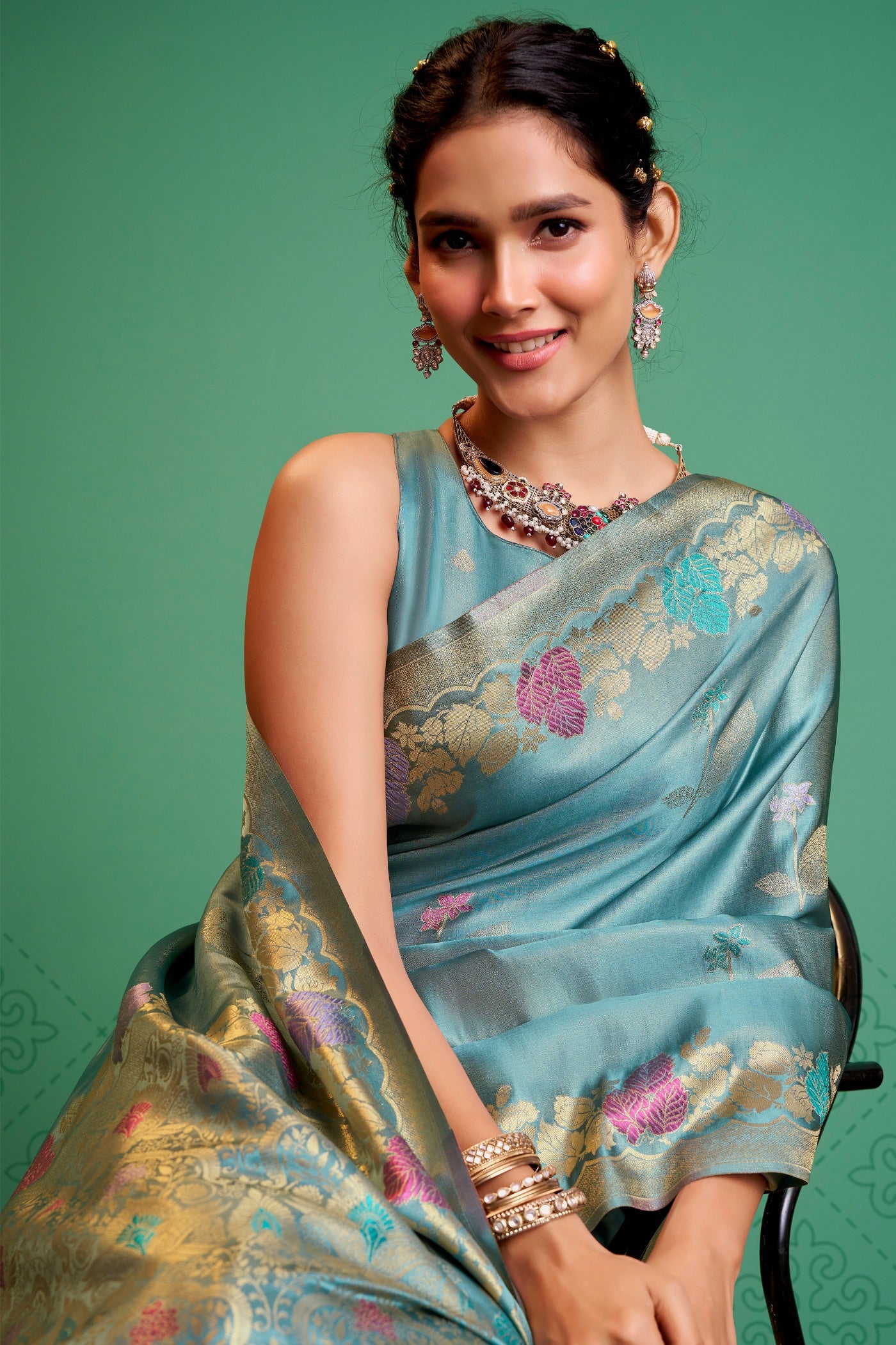 Buy MySilkLove Surfie Blue Handloom Satin Silk Saree Online