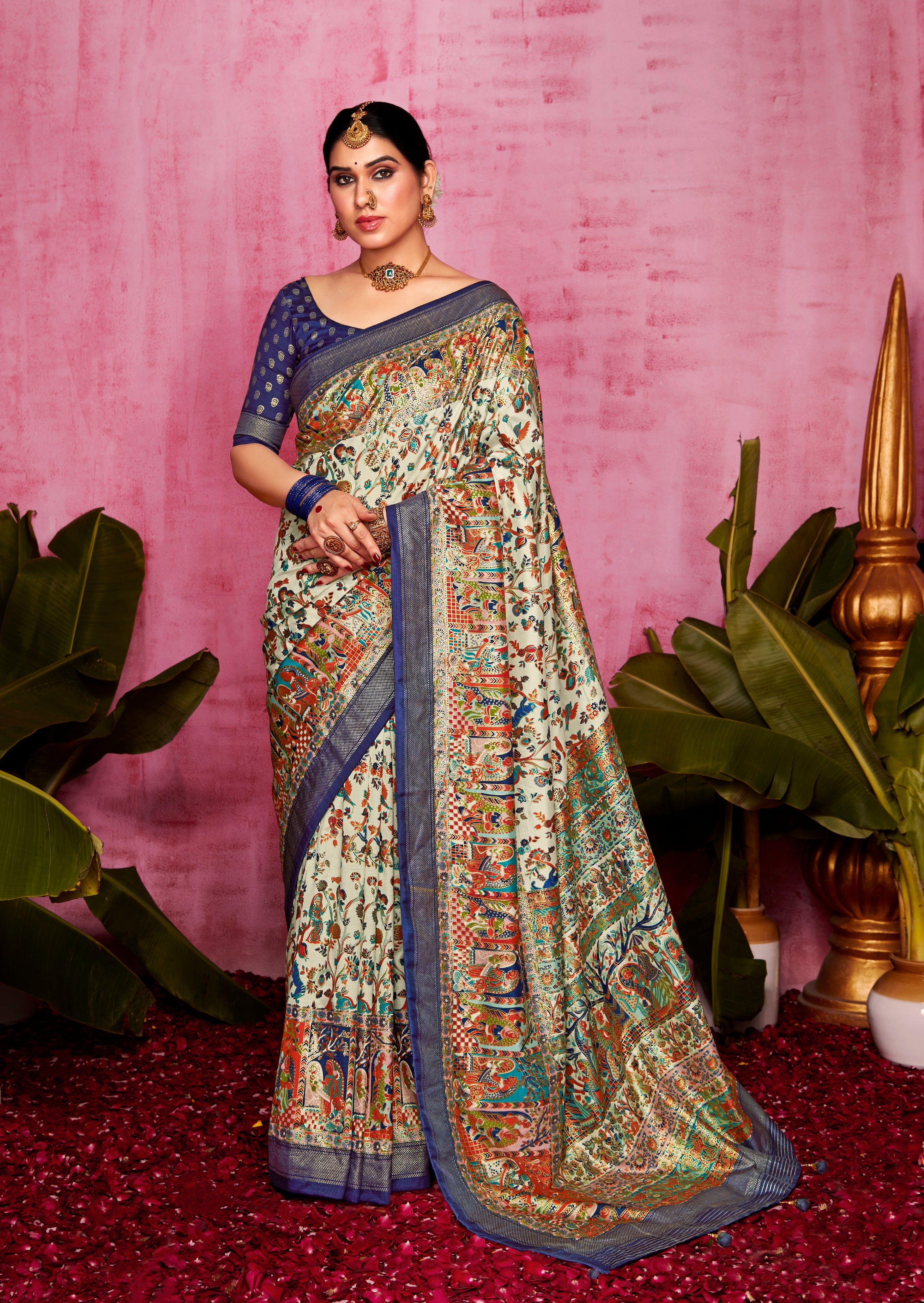 Buy MySilkLove Sapling Cream and Blue Patola Soft Silk Saree Online