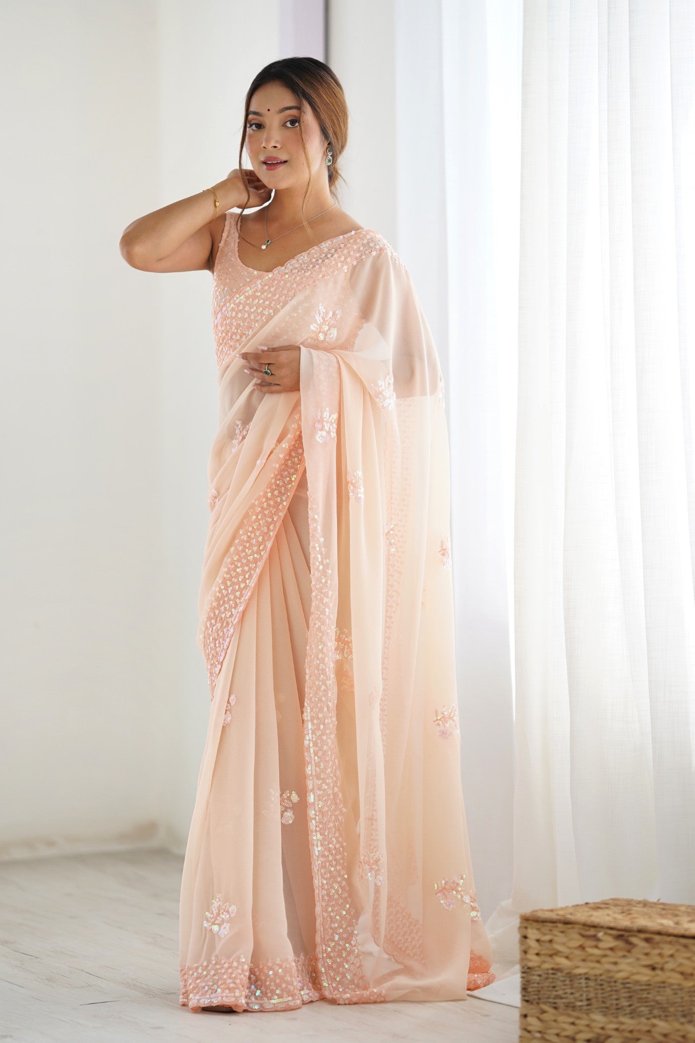 Buy MySilkLove Salmon Peach Georgette Partywear Saree Online