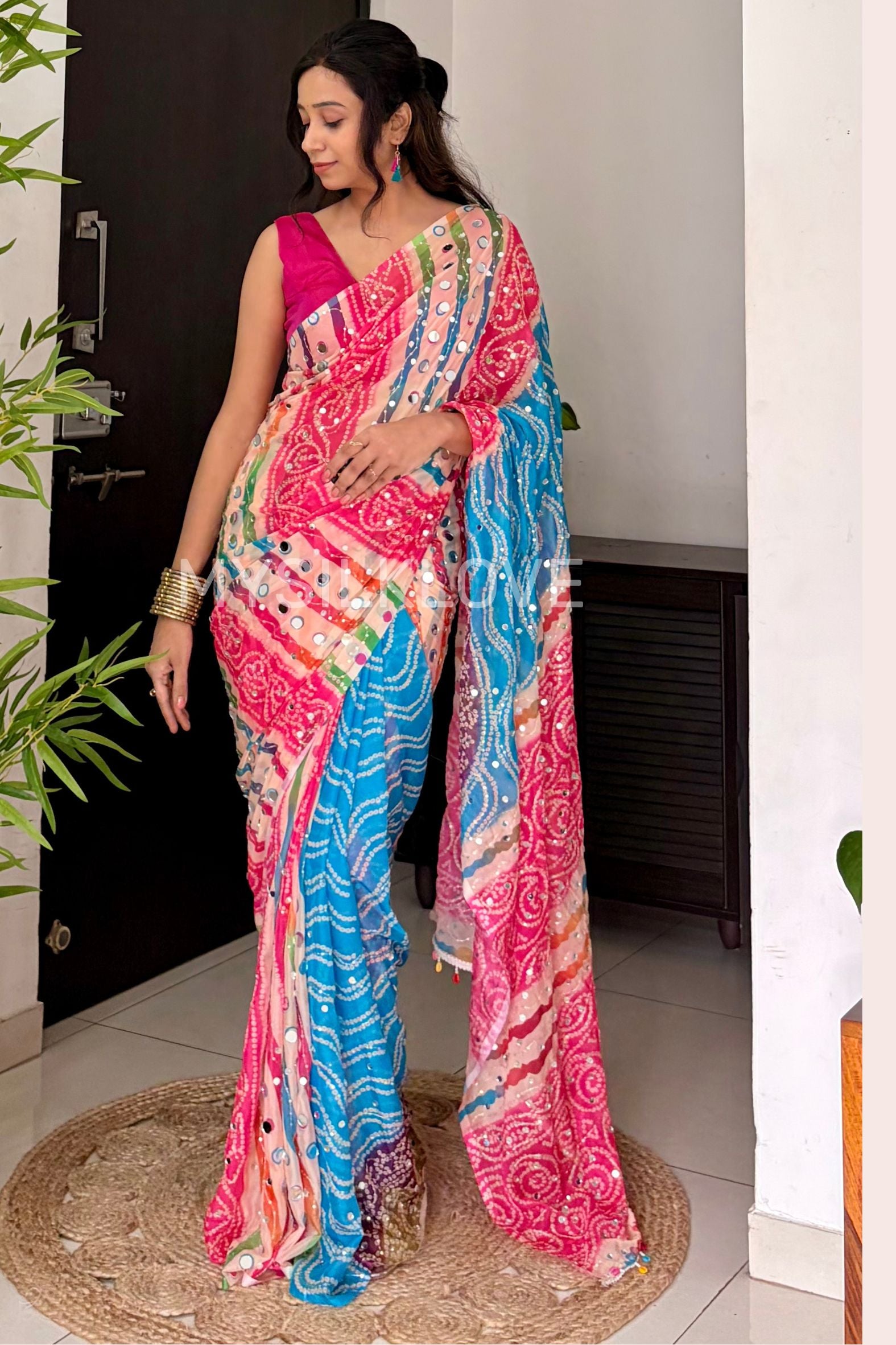 Buy MySilkLove Zareen Khan Inspired: Pink and Blue Pure Georgette Mirror Work Saree Online