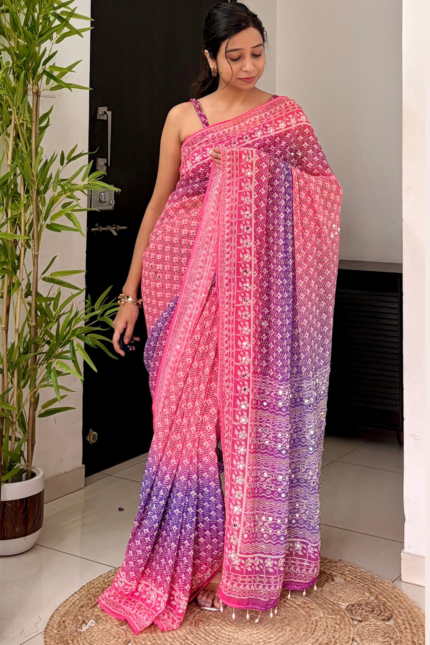 Buy MySilkLove Kareena Kapoor Inspired: Pink Ajrakh Georgette Mirror Work Saree Online