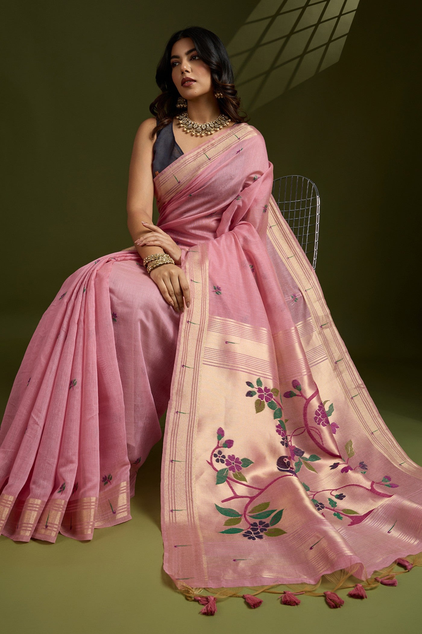 Buy MySilkLove Pink Pearl Woven Muga Cotton Paithani Saree Online