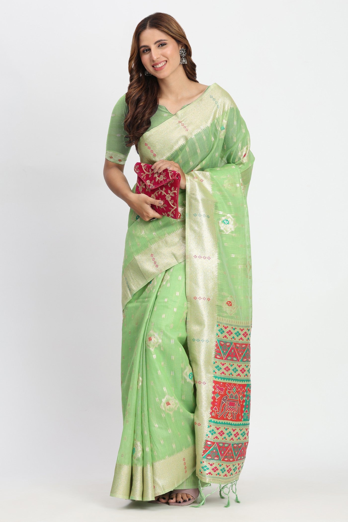Buy MySilkLove Tree Green Woven Linen Cotton Saree Online