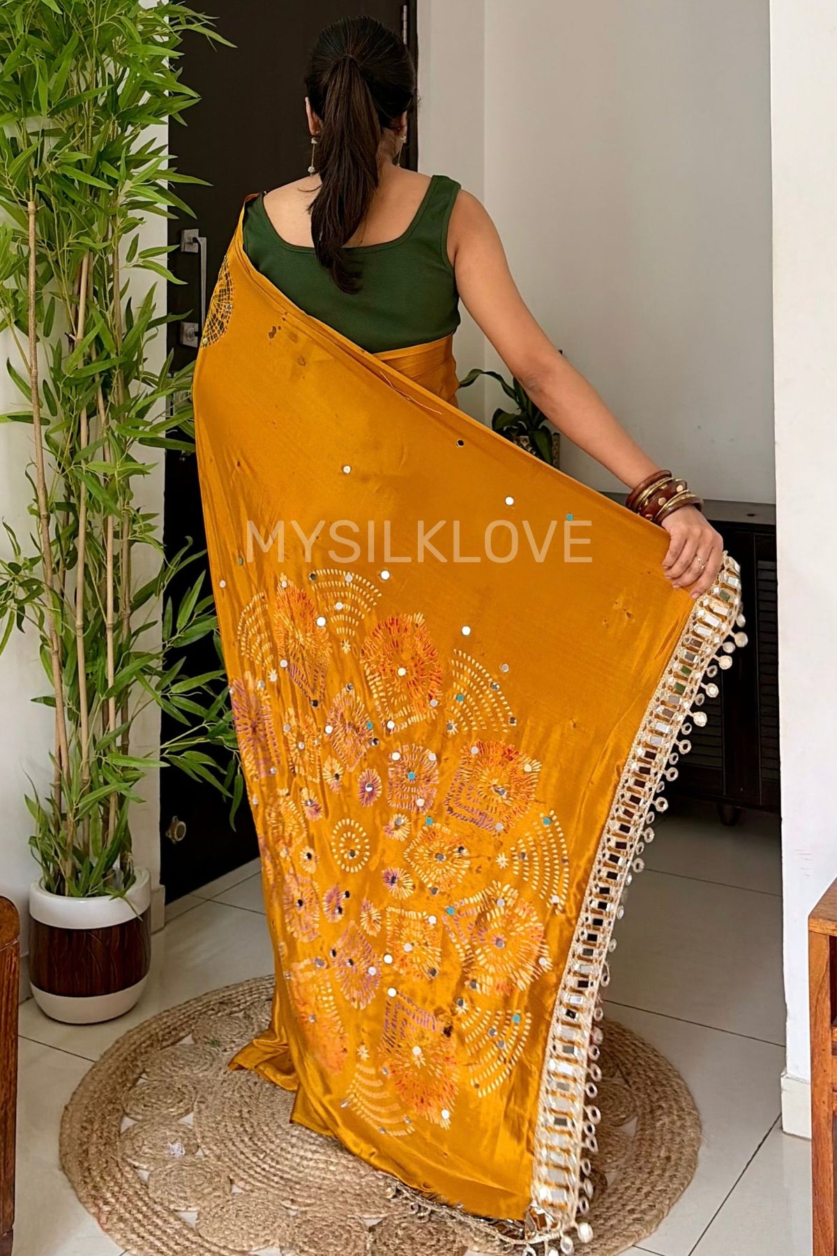 Buy MySilkLove Antique Yellow Satin Printed Bandhani Mirror Work Saree Online