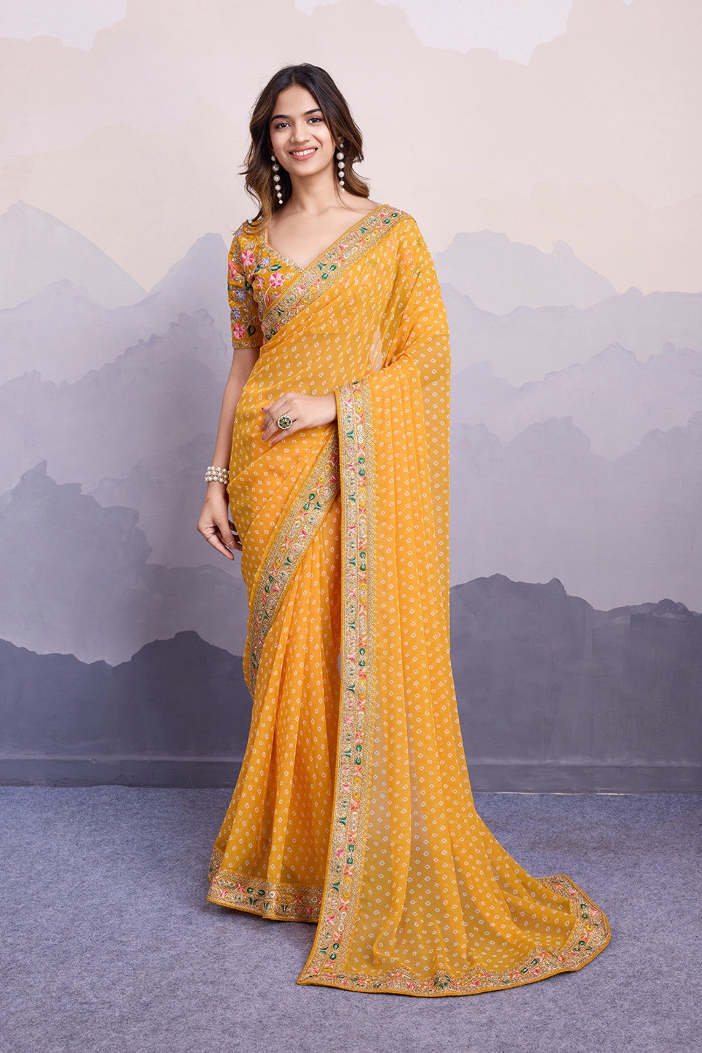 Buy MySilkLove Sunshine Yellow Bandhani Georgette Printed Partywear Saree Online
