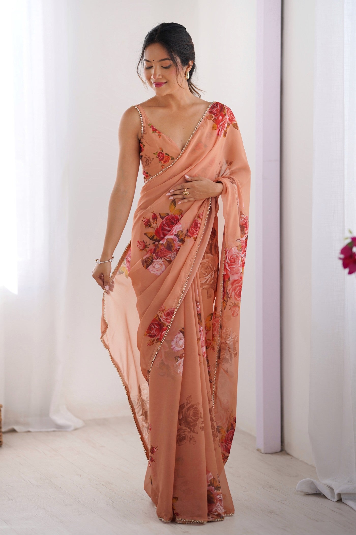 Buy MySilkLove Gerbera Peach Printed Georgette Saree Online