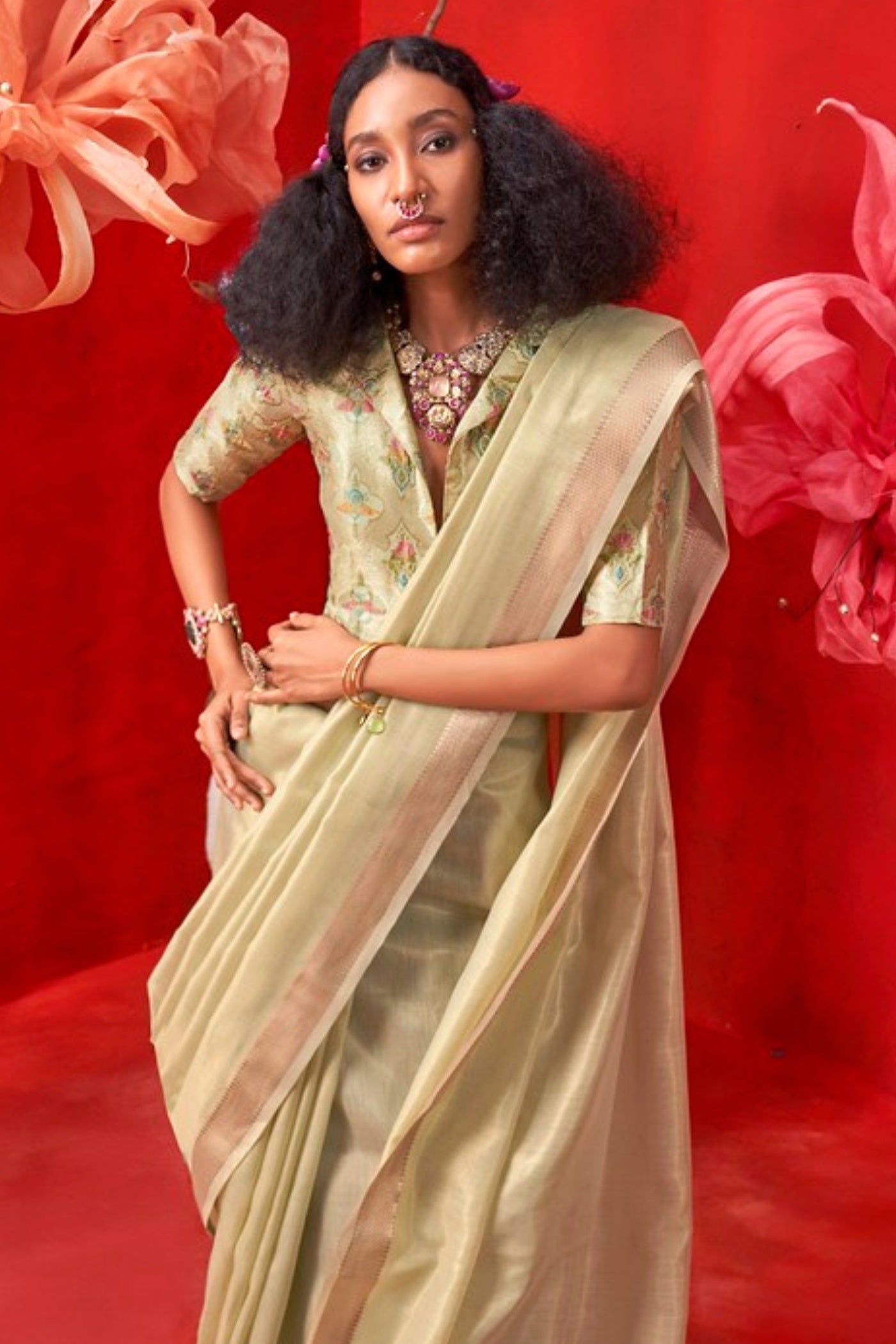 Buy MySilkLove Pastel Green Tissue Handloom Saree Online