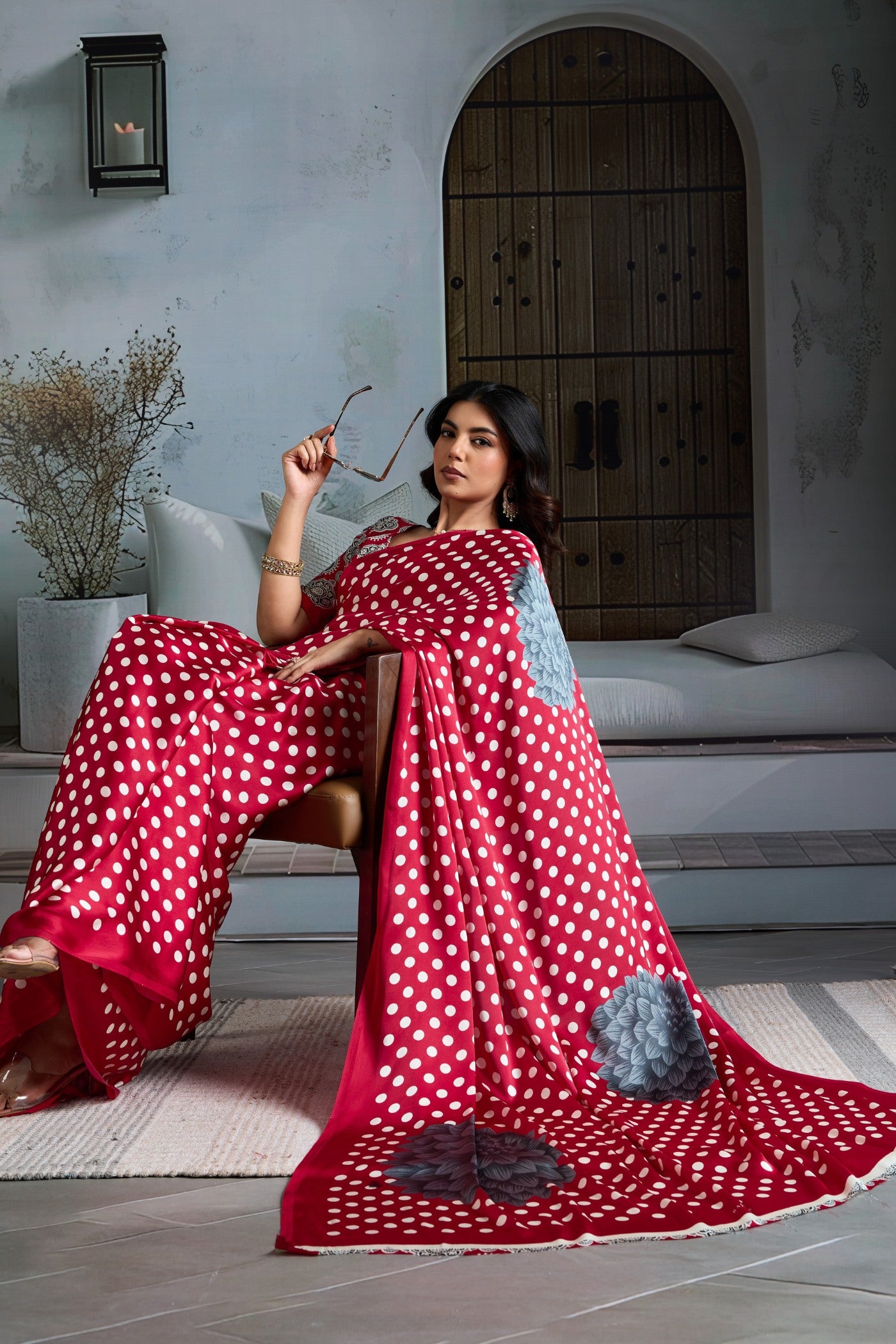 Buy MySilkLove Melon Red Printed Polka Dots Satin Crepe Saree Online