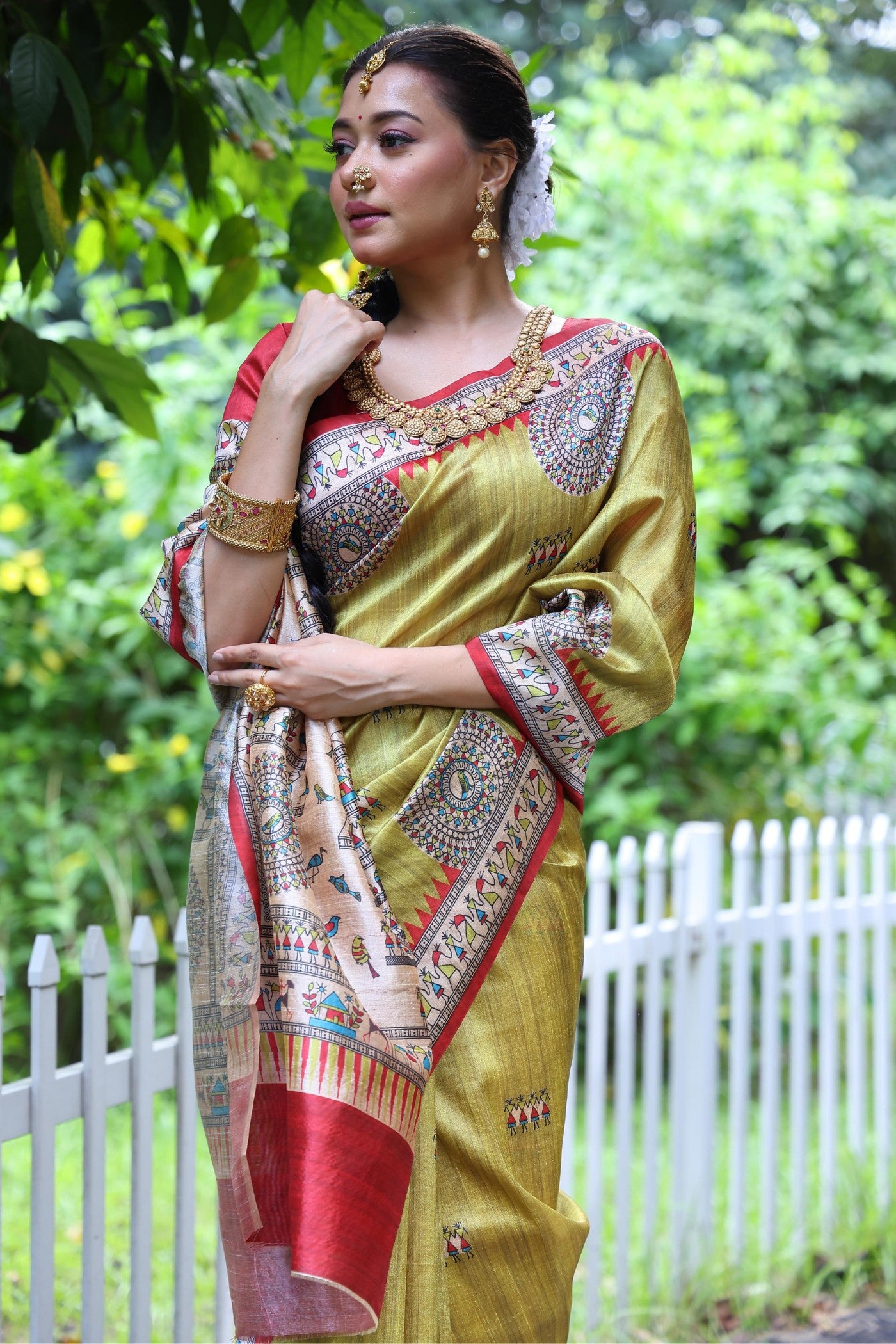 Buy MySilkLove Light Green Madhubani Tussar Printed Silk Saree Online