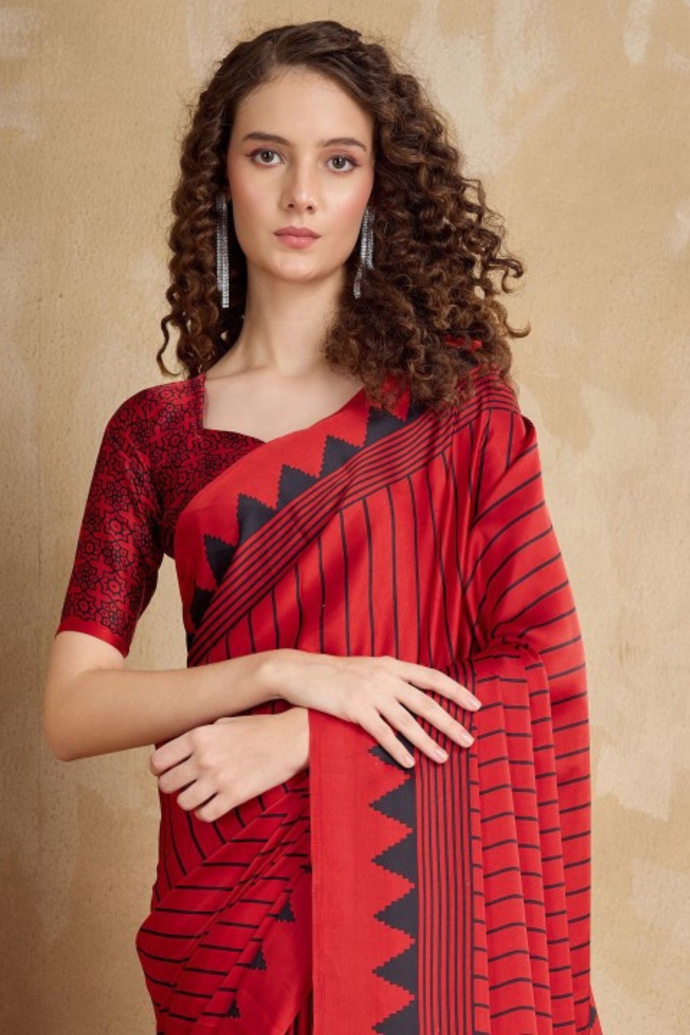 Buy MySilkLove Pomegranate Red Ajrakh Printed Satin Crepe Silk Saree Online