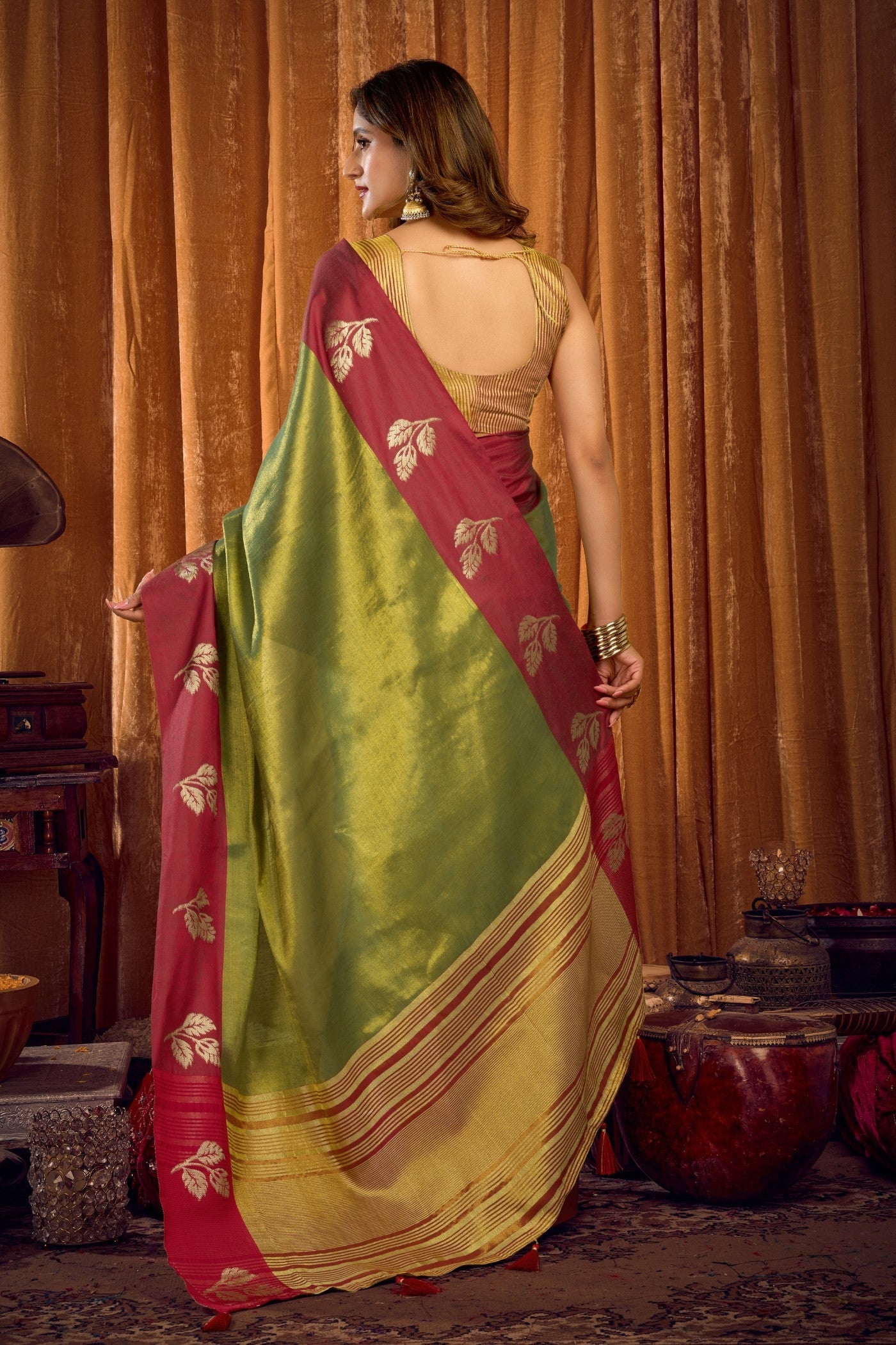 Buy MySilkLove Fern Green Woven Tissue Saree Online