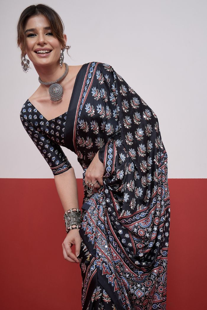 Buy MySilkLove Ebony Black Modal Ajrakh Satin Printed Mirror Work Saree Online