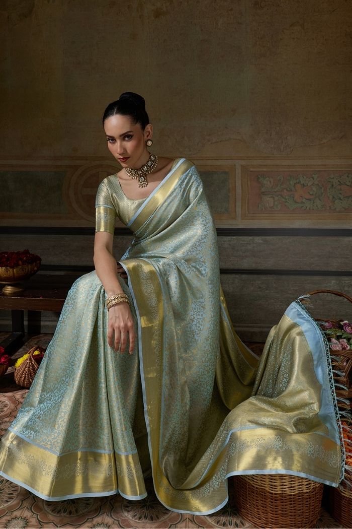 Buy MySilkLove Dusty Blue Woven Kanjivaram Saree Online