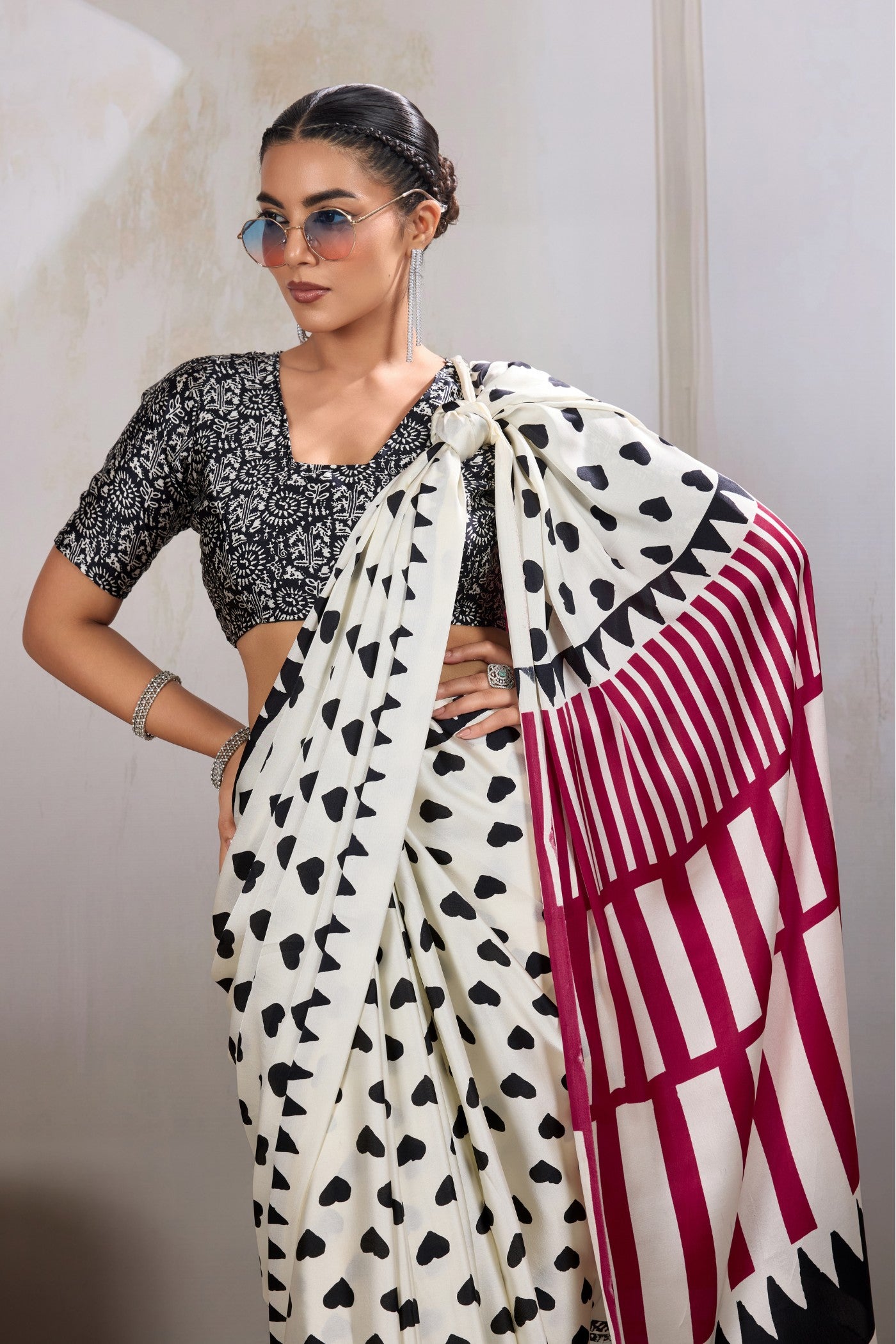 MySilkLove Snow White Printed Satin Crepe Silk Saree