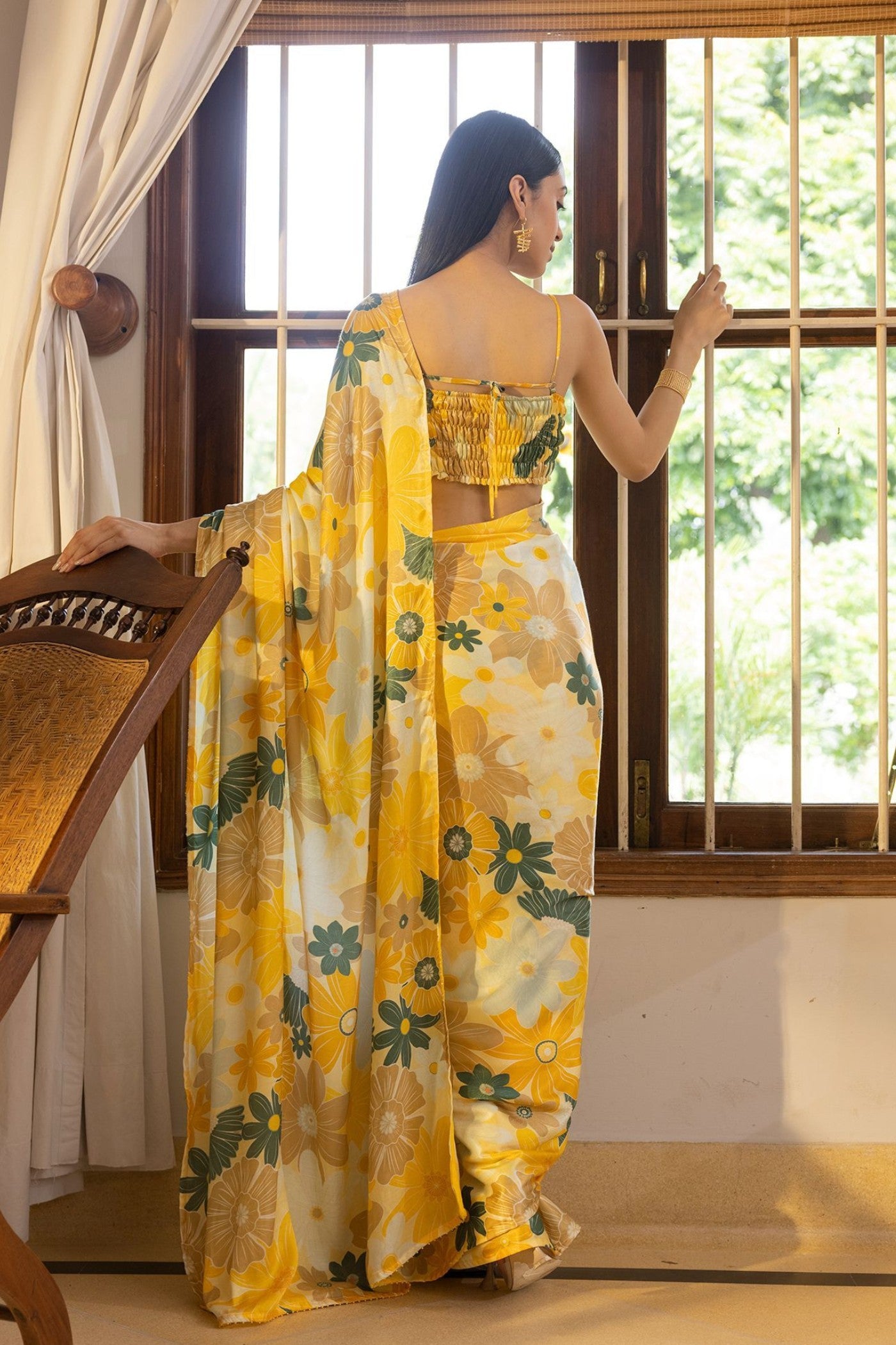 Buy MySilkLove Flaxen Yellow Floral Printed Satin Silk Saree Online
