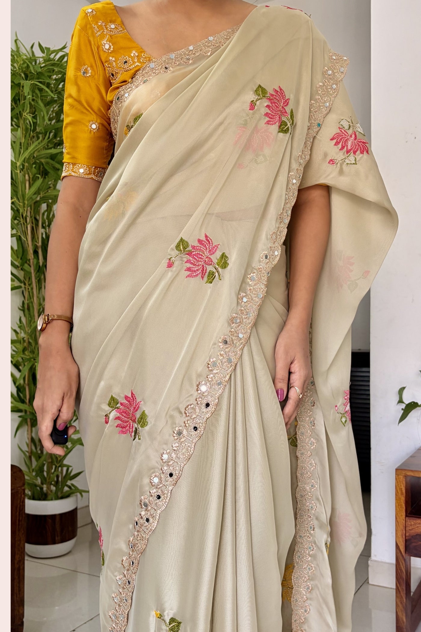 Buy MySilkLove Dutch Cream and Yellow Embroidery Chiffon Floral Saree Online