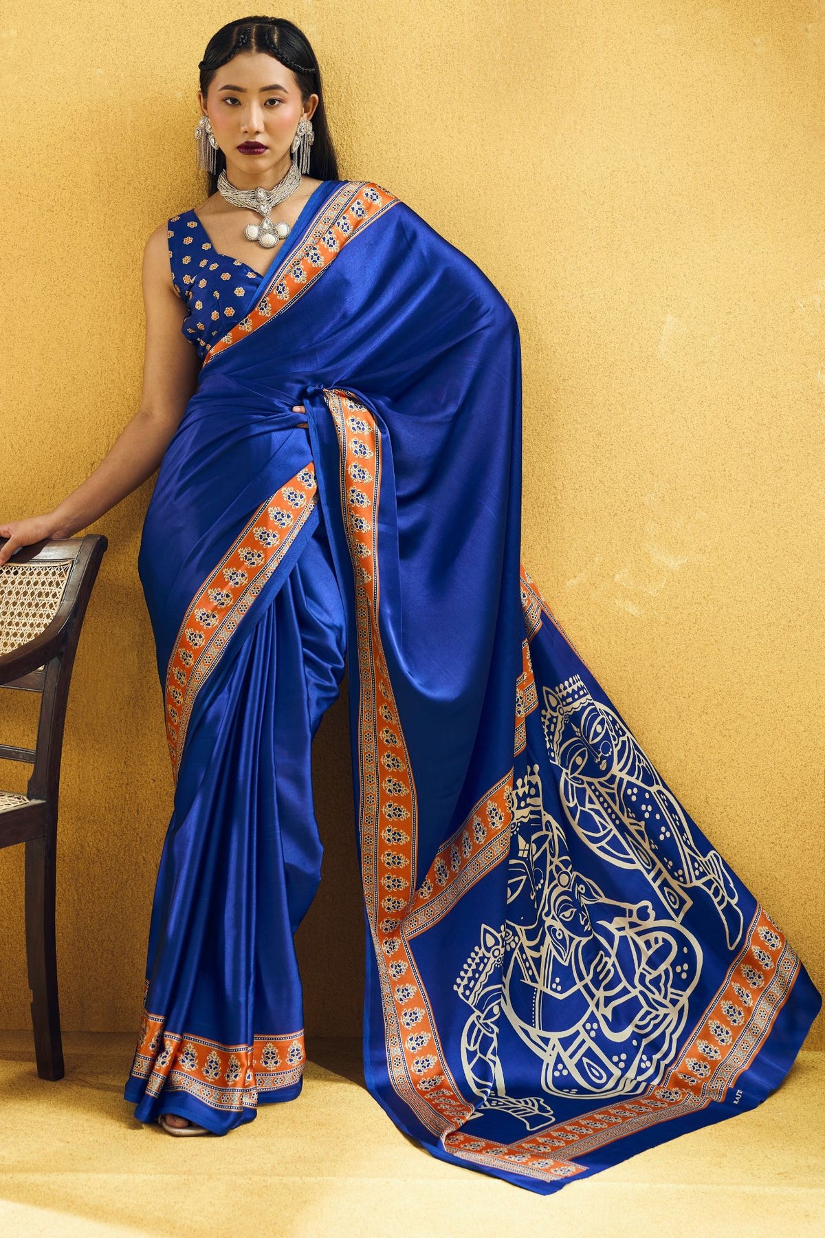 Buy MySilkLove Royal Blue Modal Ajrakh Satin Printed Silk Saree Online