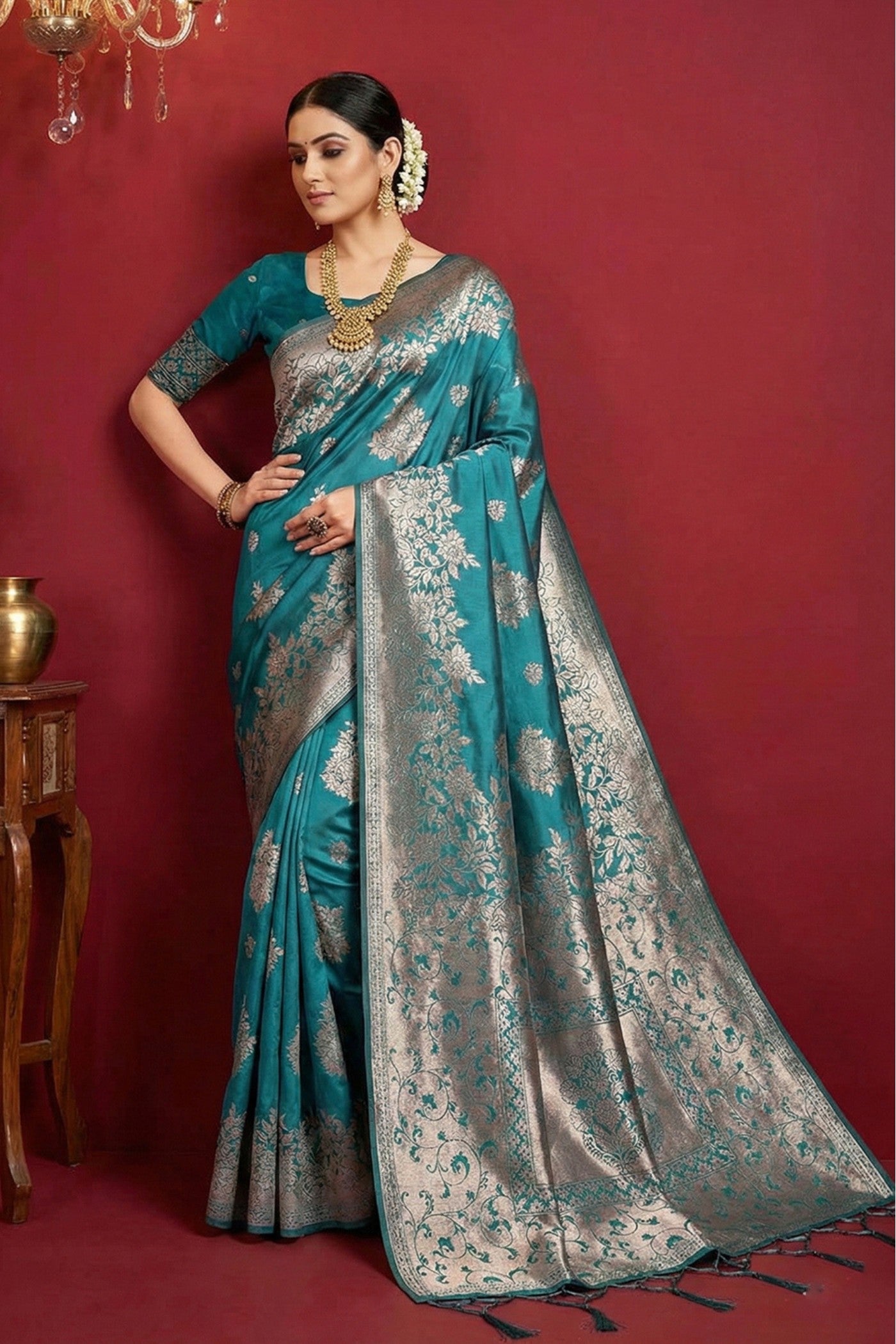 Buy MySilkLove Spring Blue Woven Banarasi Silk Saree Online