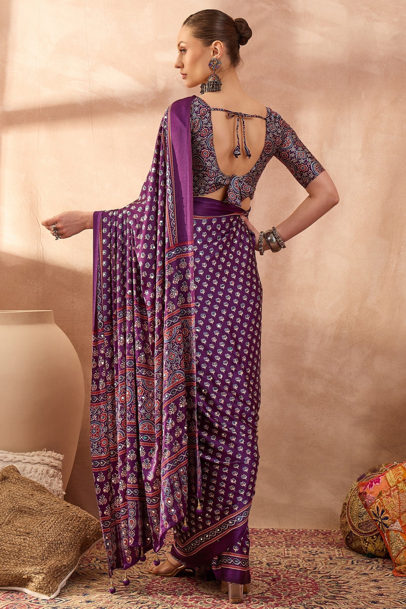 Buy MySilkLove Fuchsia Purple Modal Ajrakh Satin Printed Silk Saree Online