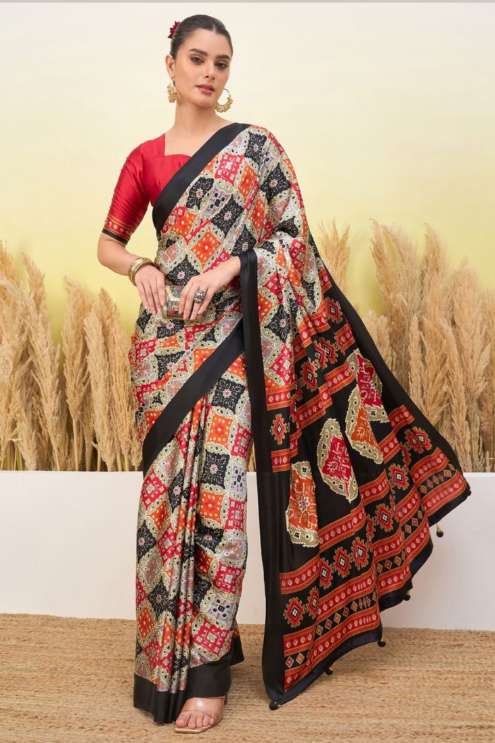 Buy MySilkLove Rio Black and Cream Patola Printed Satin Crepe Silk Saree Online