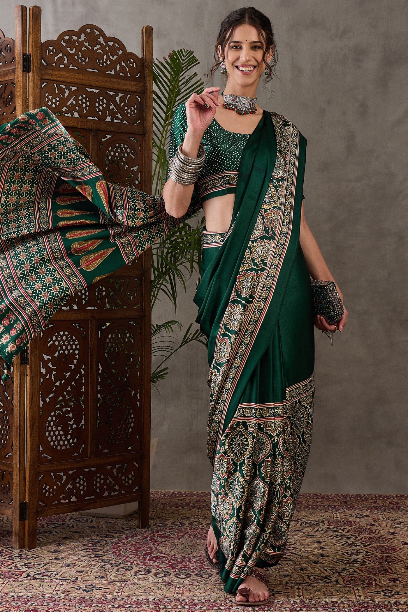 Buy MySilkLove Fern Green Printed Satin Gaji Silk Saree Online