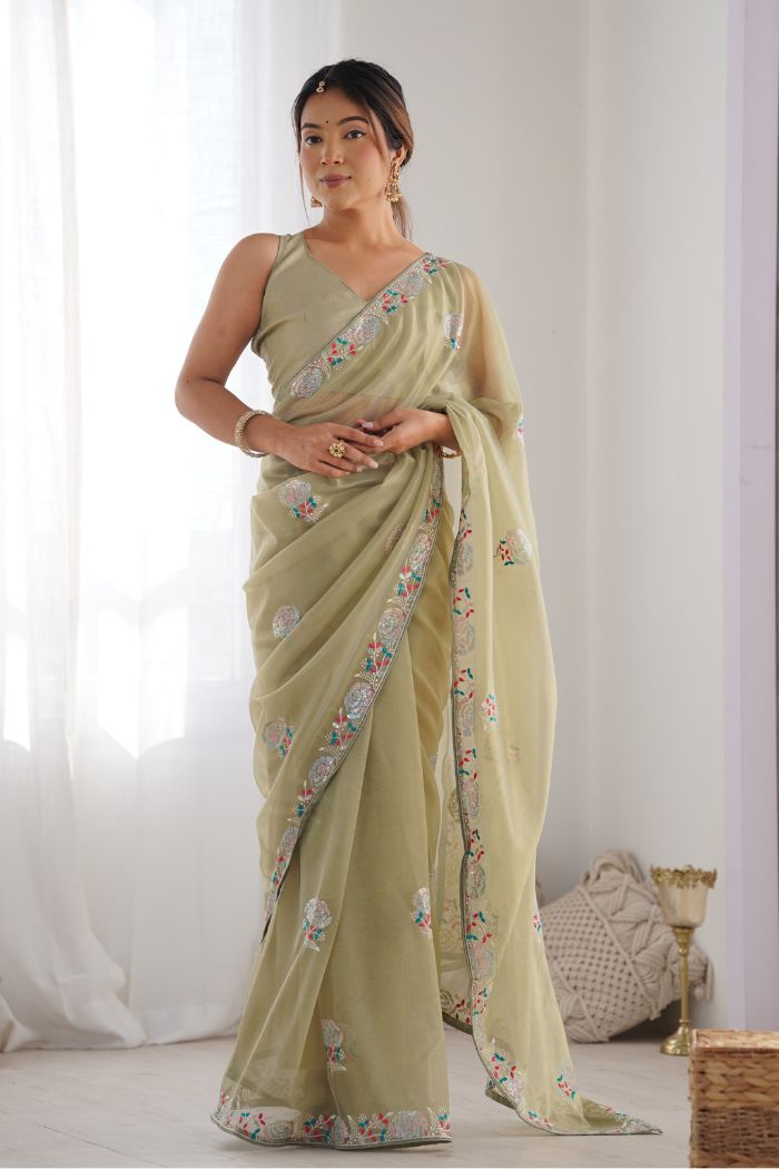 Buy MySilkLove Pale Goldenrod Green Partywear Net saree Online