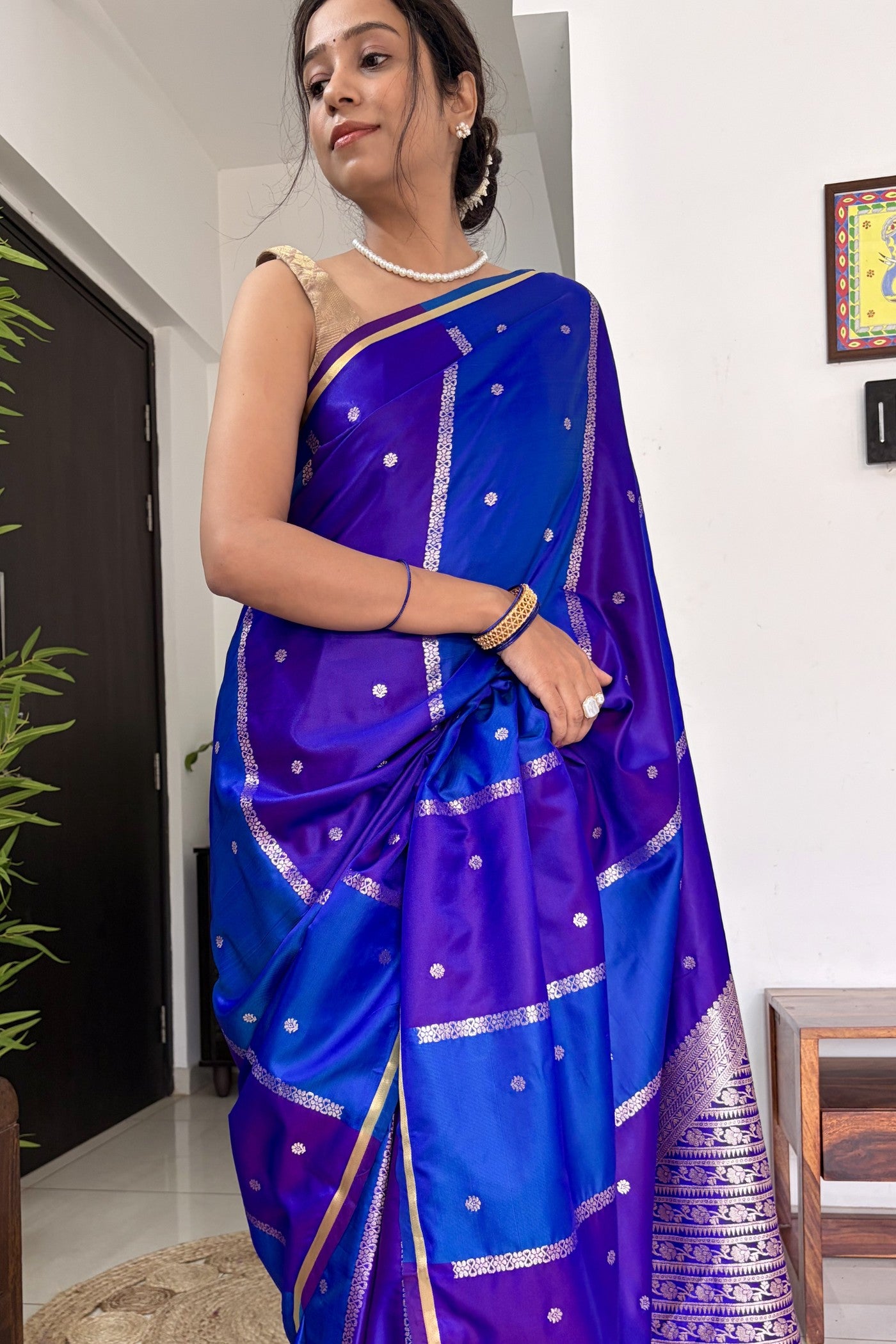 Buy MySilkLove Dark Blue Handloom Rangkat Banarasi Satin Silk Saree Online