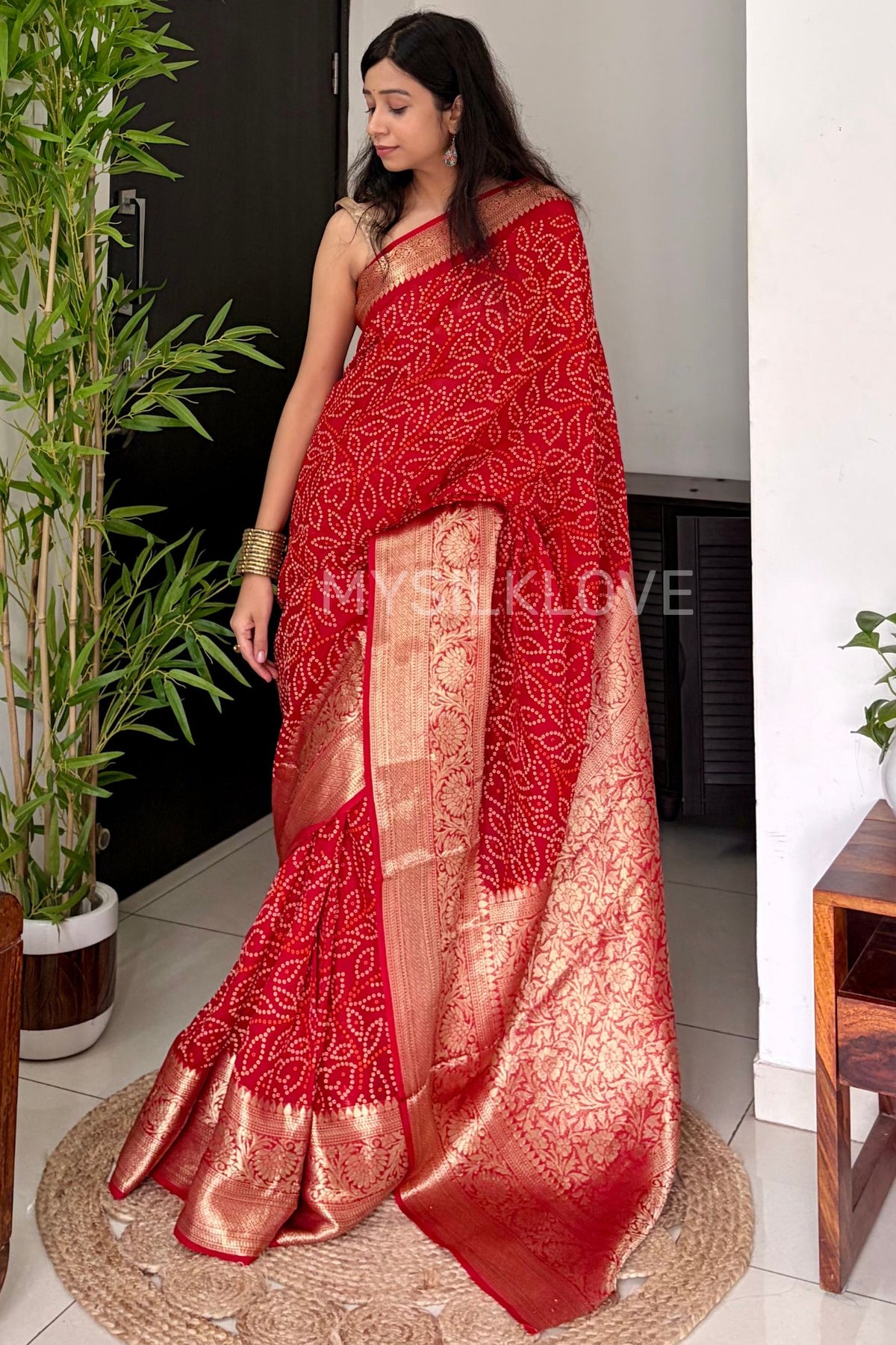 Buy MySilkLove Canary Red Bandhani Zari Woven Silk Saree Online
