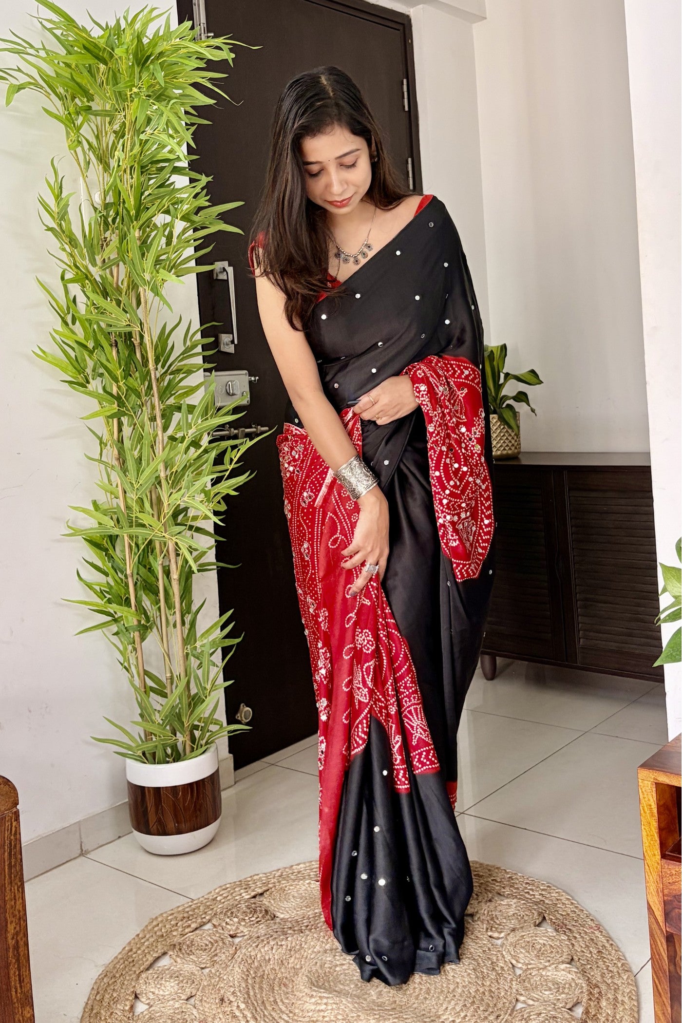 Buy MySilkLove Charcoal Black and Red Gaji Bandej Satin Soft Silk Saree Online