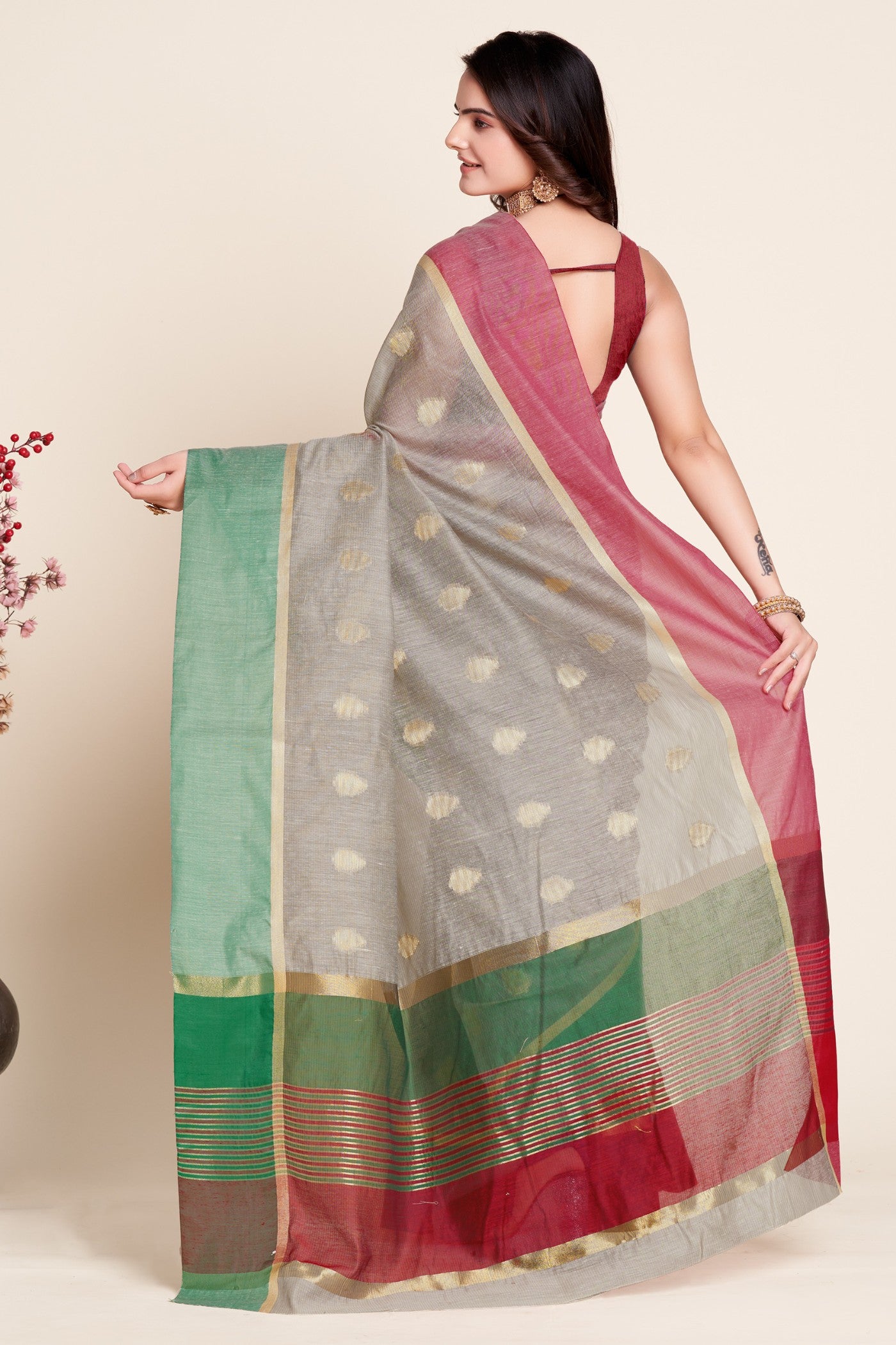 Buy MySilkLove Silver Grey Woven Cotton Saree Online
