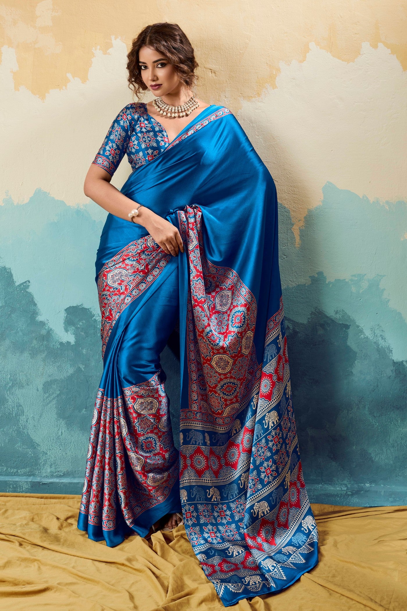 Buy MySilkLove Force Blue Modal Ajrakh Satin Printed Silk Saree Online