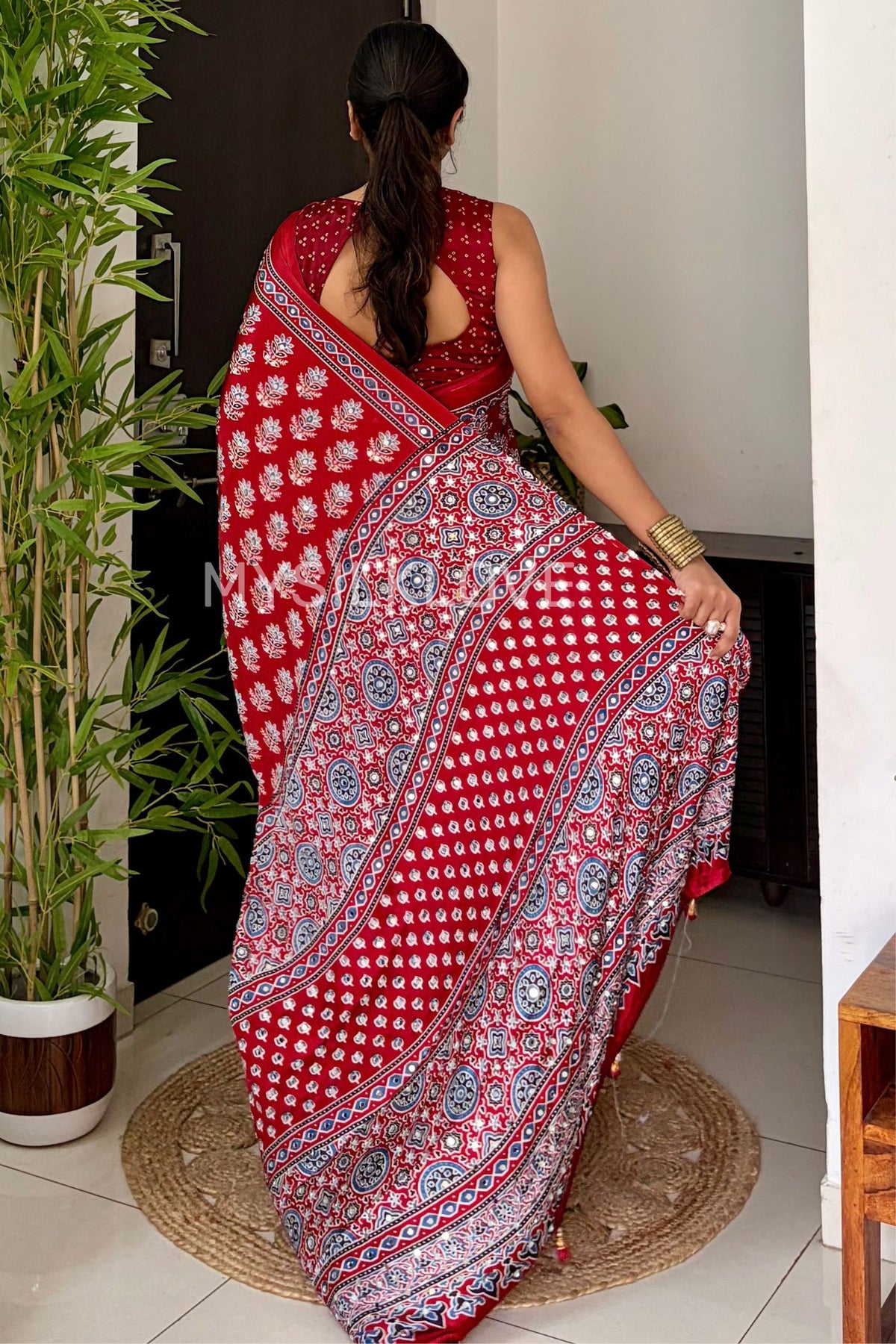 Buy MySilkLove Poppy Red Modal Ajrakh Satin Printed Mirror Work Saree Online