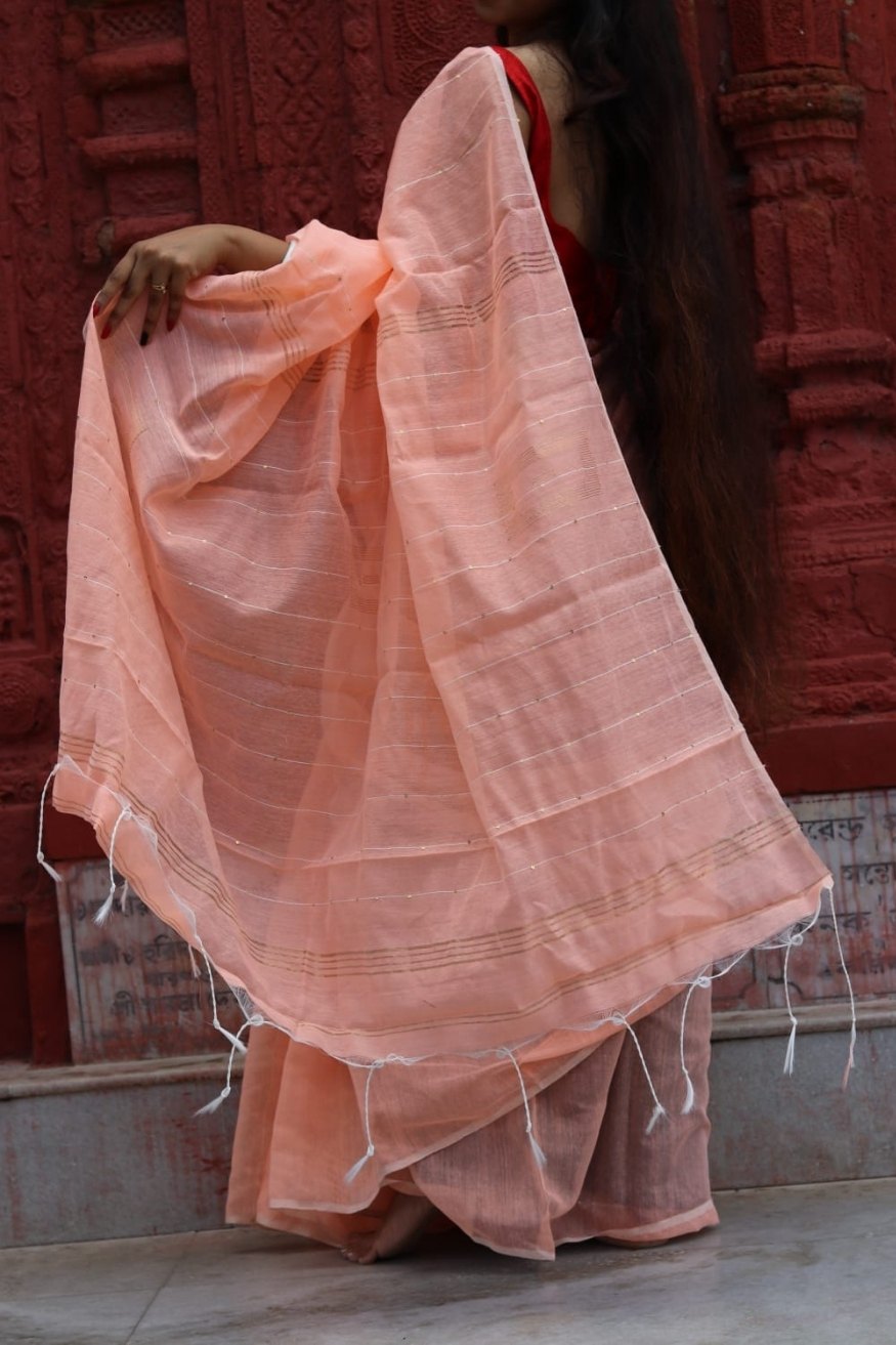 Buy MySilkLove Apricot Peach Cotton Sequence Chumki Saree Online