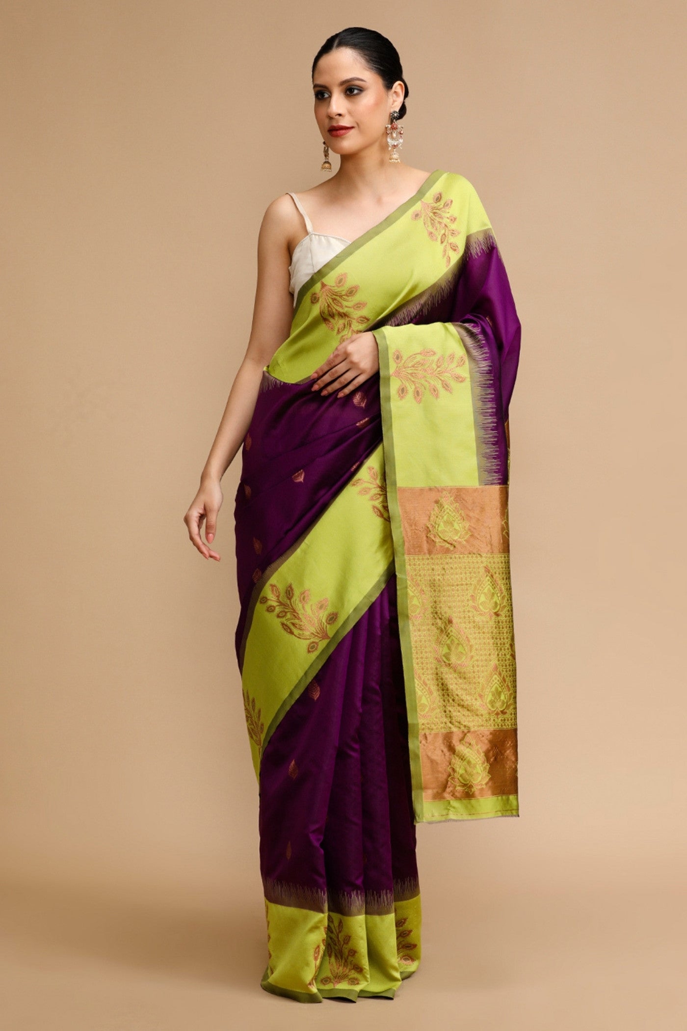 Buy MySilkLove Wine Purple and Green Woven Jacquard Lichi Silk Saree Online