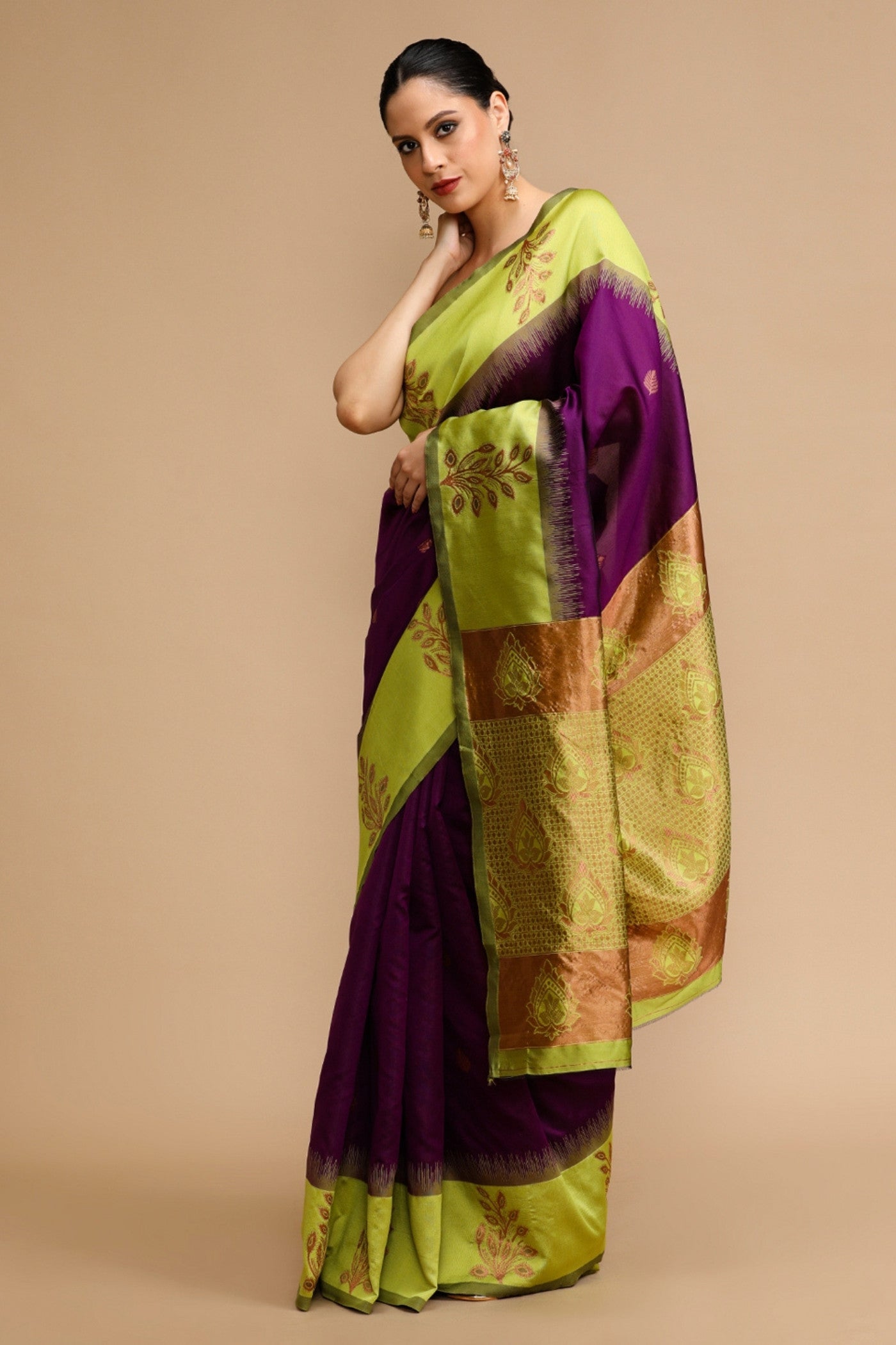 Buy MySilkLove Wine Purple and Green Woven Jacquard Lichi Silk Saree Online