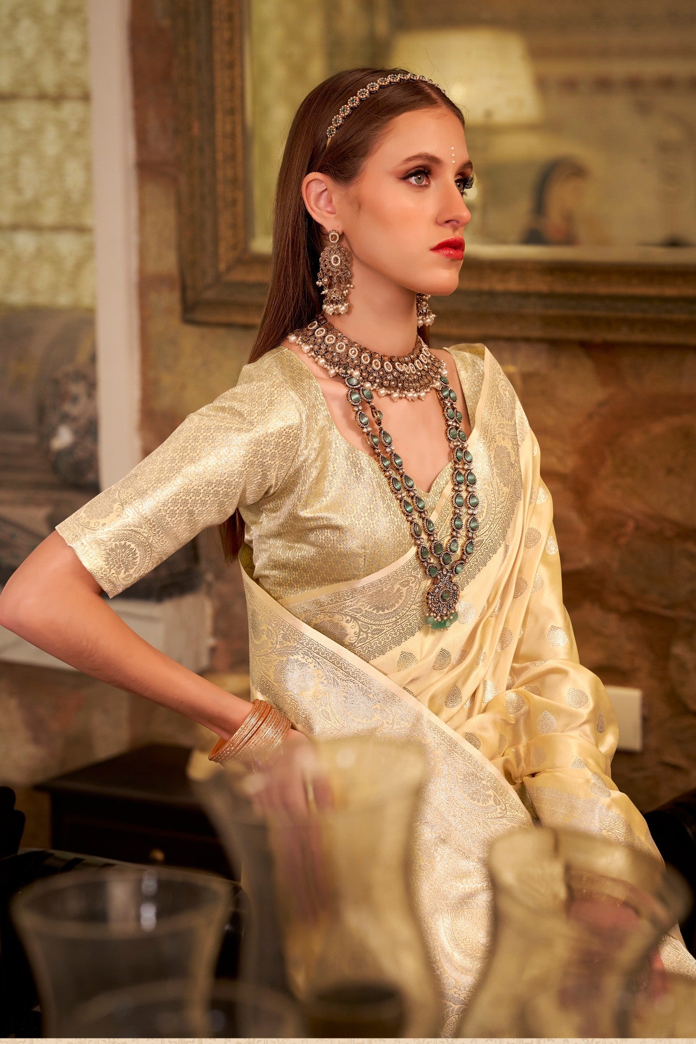 Buy MySilkLove Gold Woven Banarasi Satin Soft Silk Saree Online