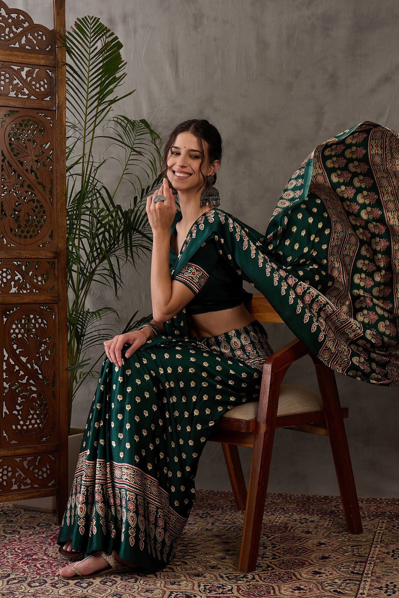 Buy MySilkLove Hunter Green Printed Satin Gaji Silk Saree Online