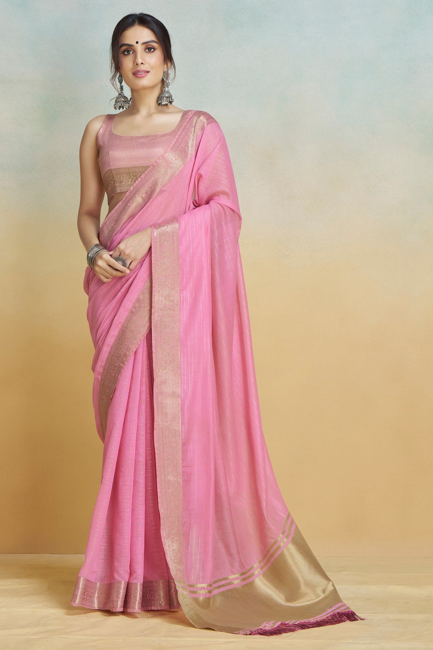 Buy MySilkLove Taffy Pink Woven Maheshwari Saree Online