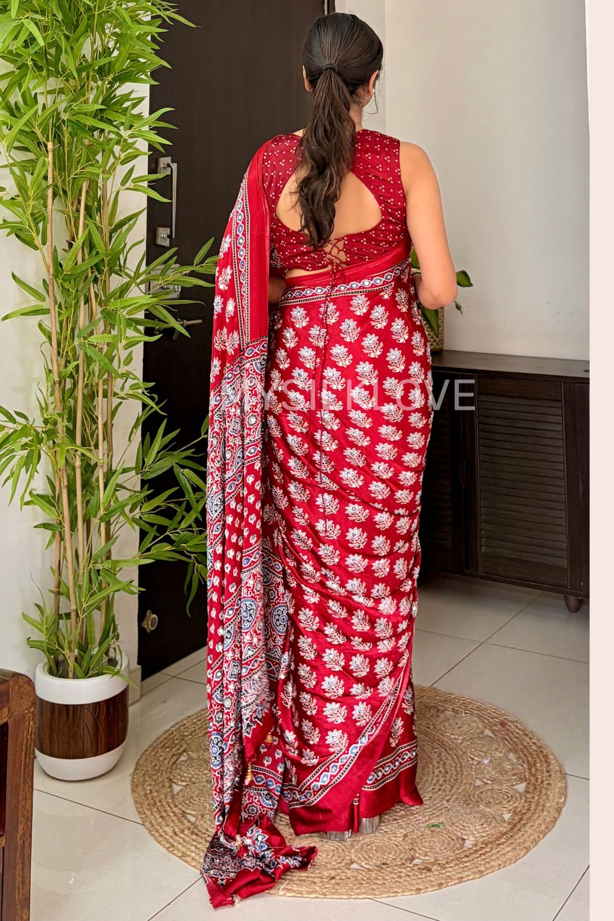 Buy MySilkLove Poppy Red Modal Ajrakh Satin Printed Mirror Work Saree Online