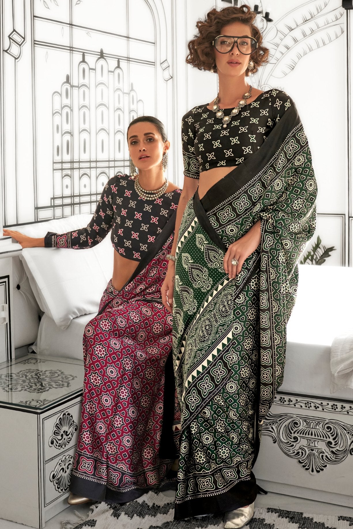 Buy MySilkLove Lunar Green Printed Ajrakh Satin Crepe Saree Online