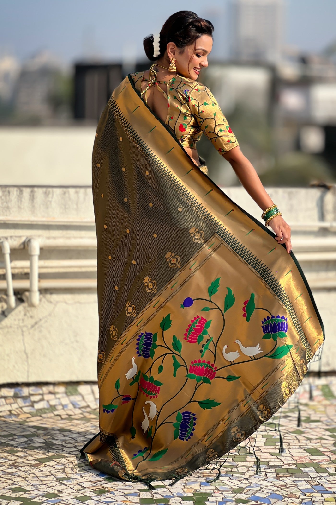 Buy MySilkLove Chartreuse Green Woven Tissue Paithani Saree Online