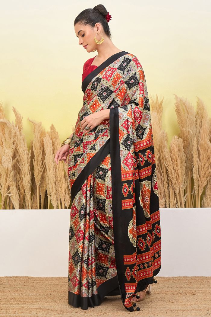 Buy MySilkLove Rio Black and Cream Patola Printed Satin Crepe Silk Saree Online