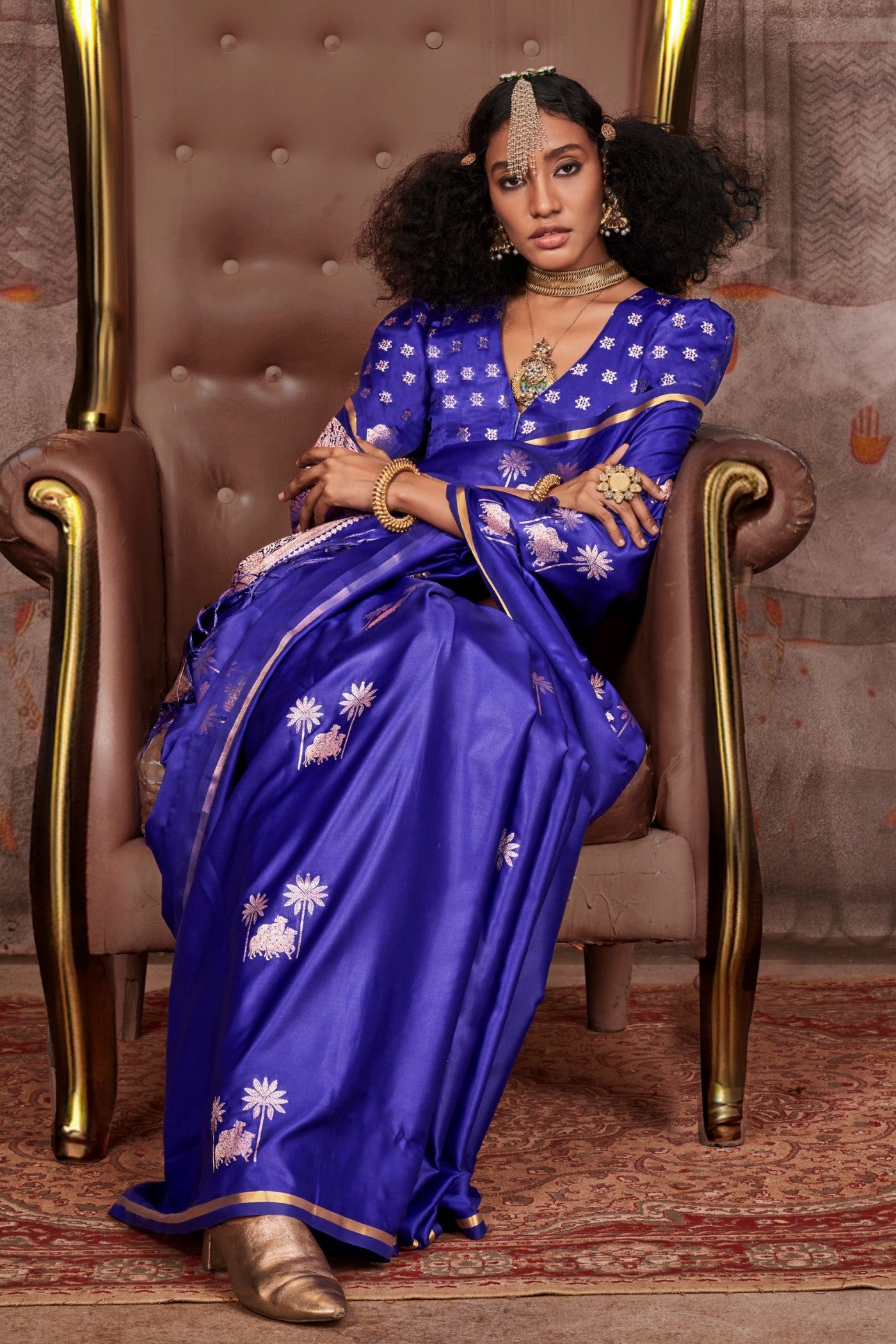 Buy MySilkLove Cobalt Blue Banarasi Pichwai Satin Saree Online