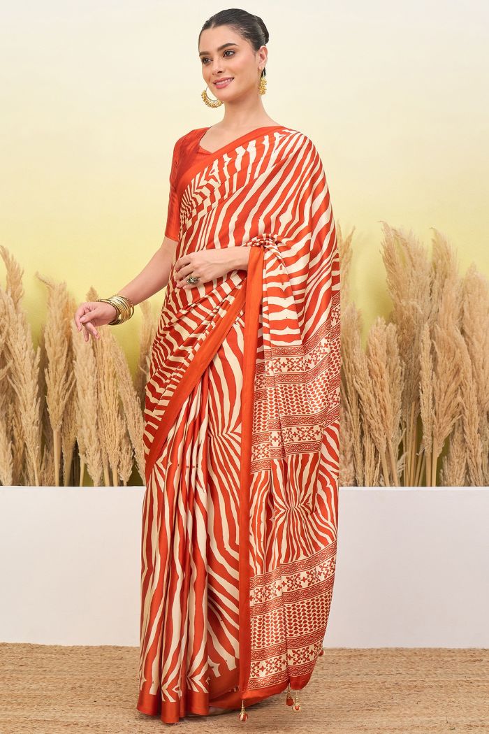 Buy MySilkLove Sunset Orange Modal Ajrakh Satin Printed Silk Saree Online