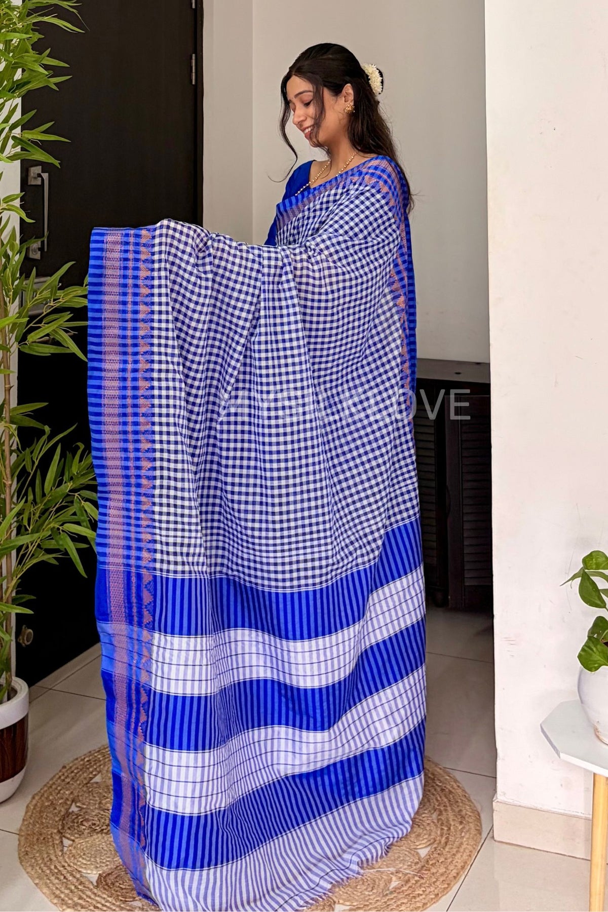 Buy MySilkLove Regal Blue Soft Cotton Check Pattern Irkal Saree Online