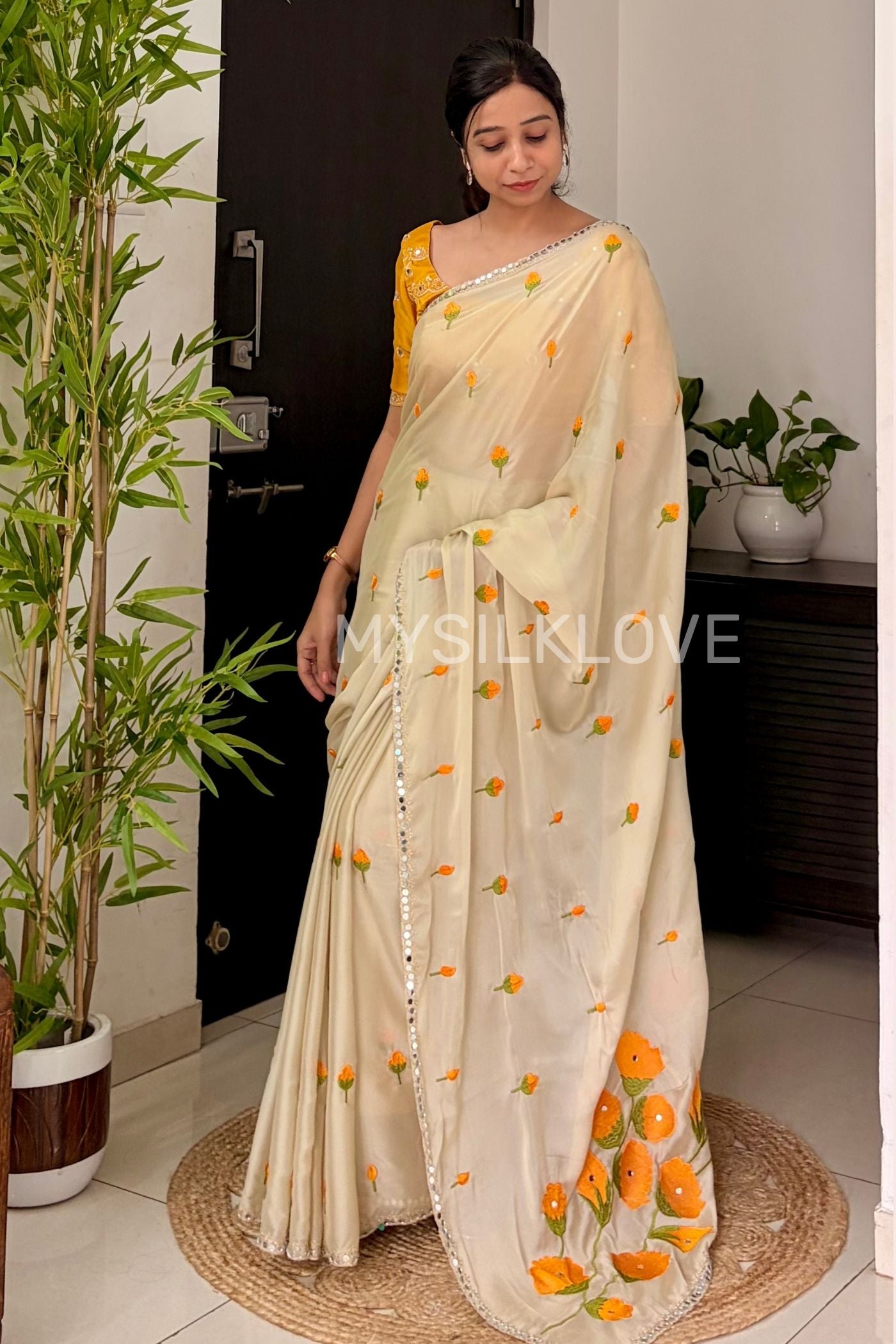 Buy MySilkLove Moonlit Cream and Yellow Embroidery Chiffon Floral Saree with Mirror Work Online