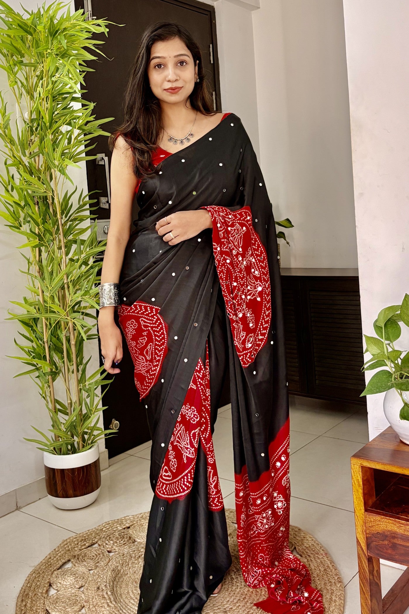 Buy MySilkLove Charcoal Black and Red Gaji Bandej Satin Soft Silk Saree Online